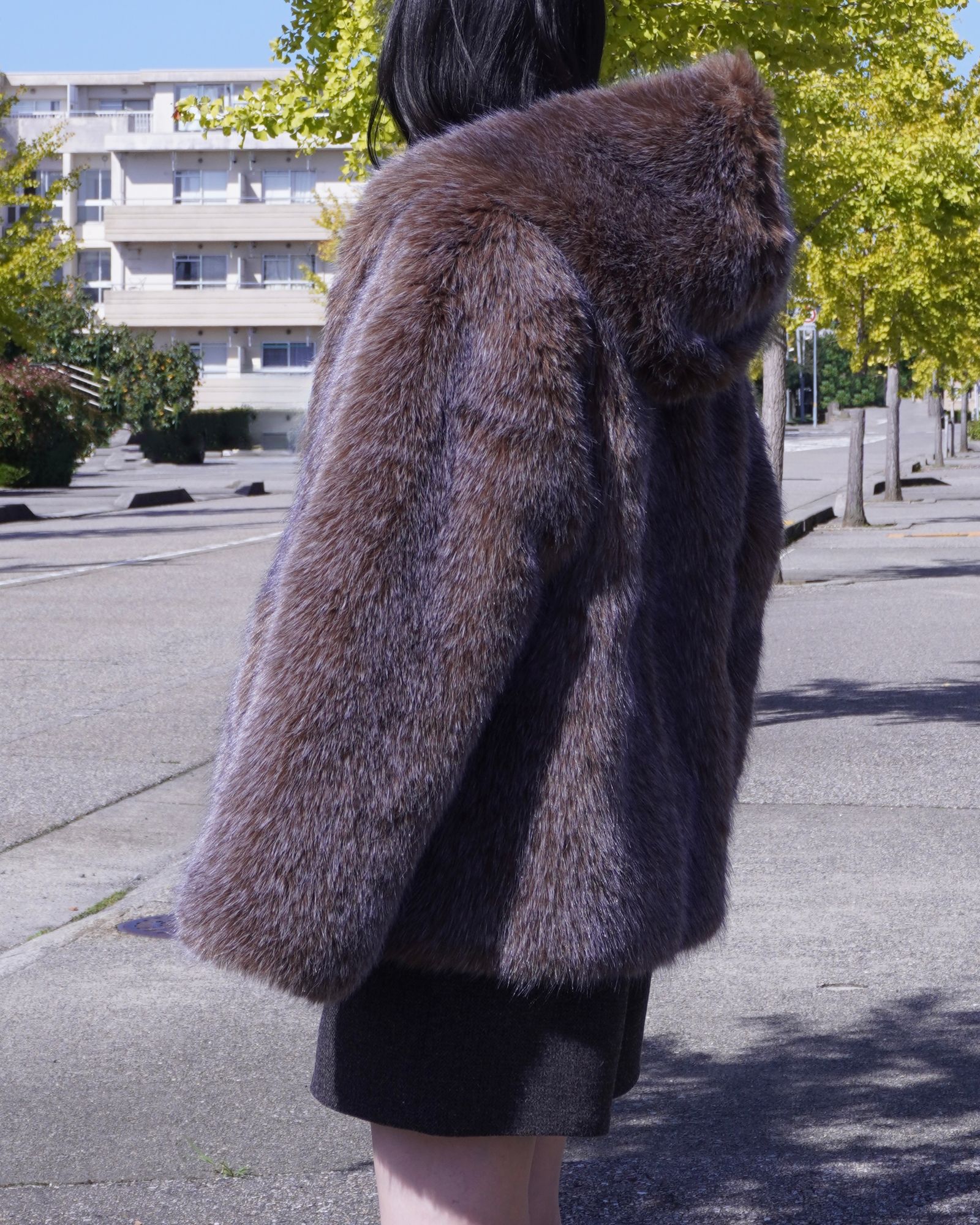 【25AW】Fox Like Fur Hoodie Coat / フォックスライクファー リバーシブルフーディコート (ブラウン) / エコファー / フェイクファー