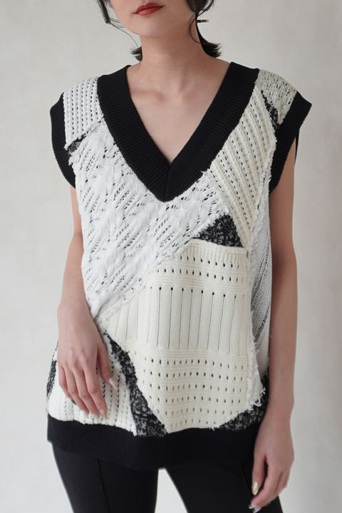 PATCHWORK V NECK KNIT VEST / パッチワークVネックニットベスト (MILK)