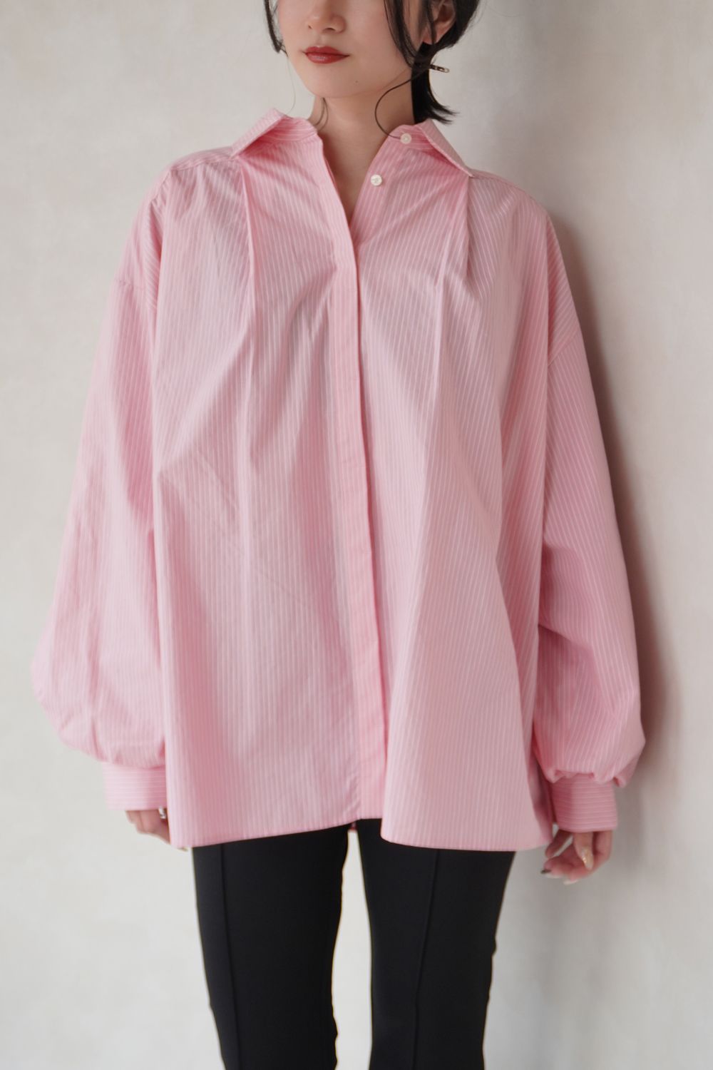 STRIPE VOLUME SLEEVE SHIRT / ストライプボリュームスリーブシャツ (ピンク)