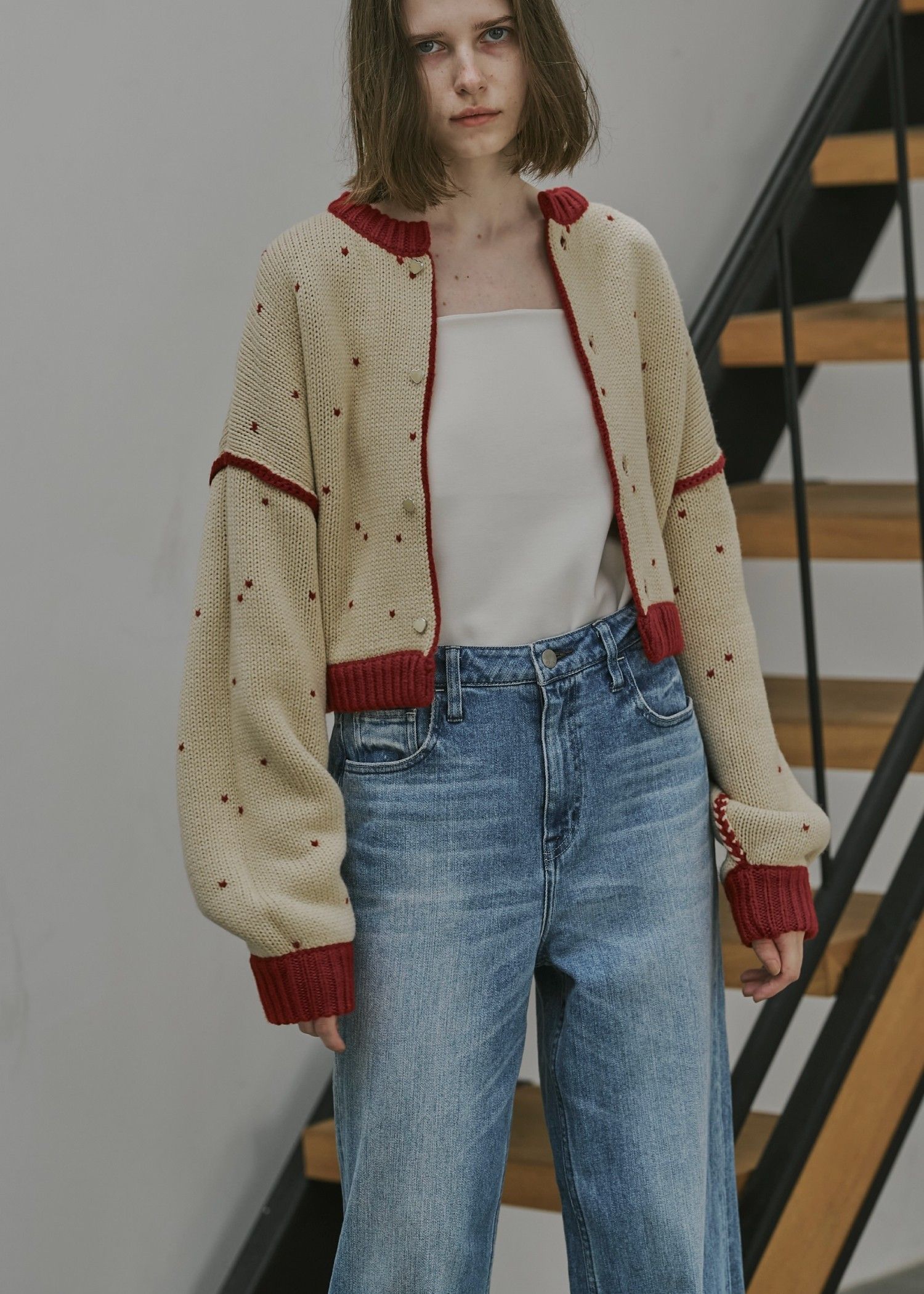 heart dot jacquard reversible cropped knit cardigan / ハートドット ジャガード リバーシブルクロップドカーディガン (レッド×タン) / 25AW