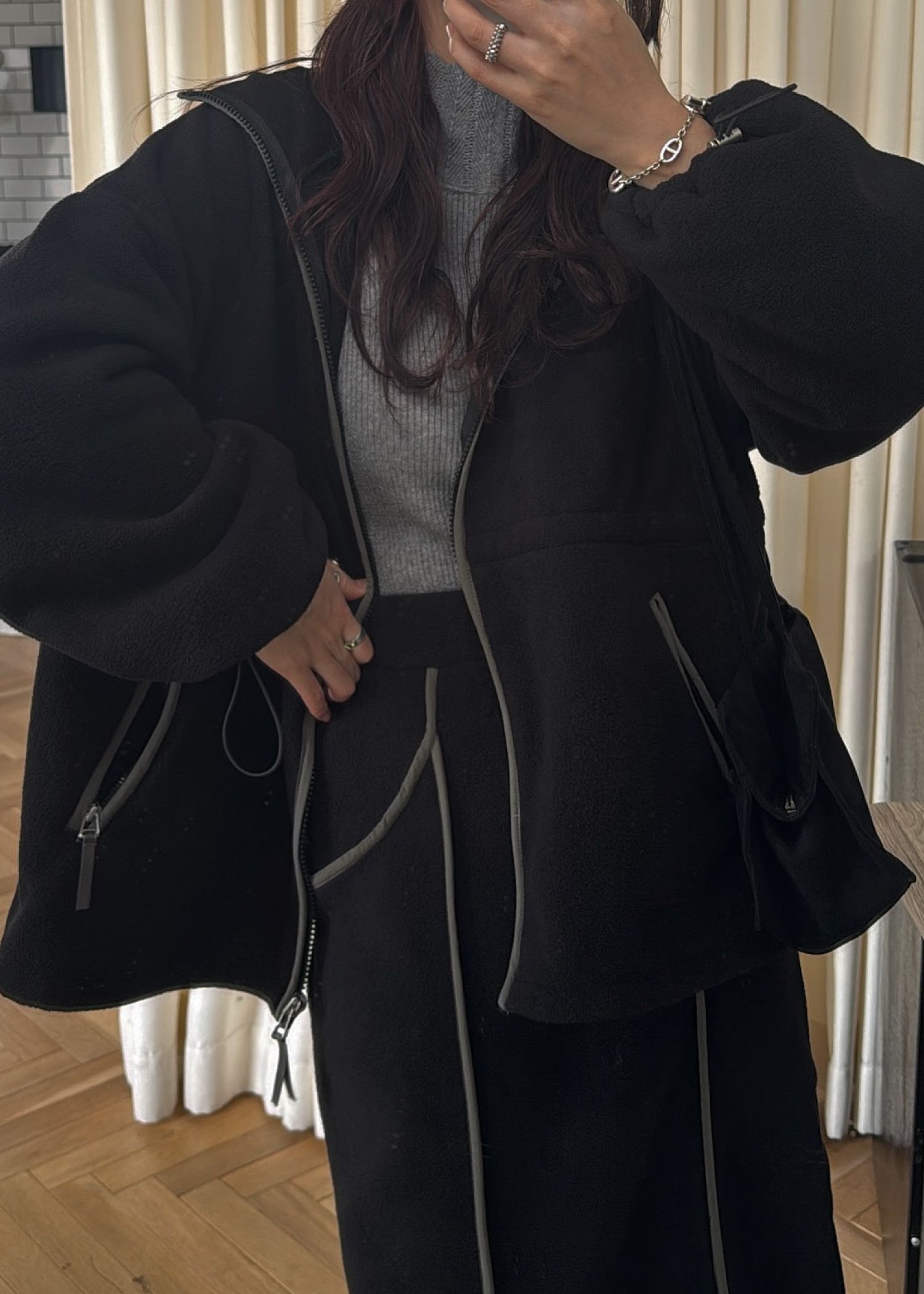 bi color piping fleece drawstring tops / バイカラー フリーストップス (ブラック) / 25AW /