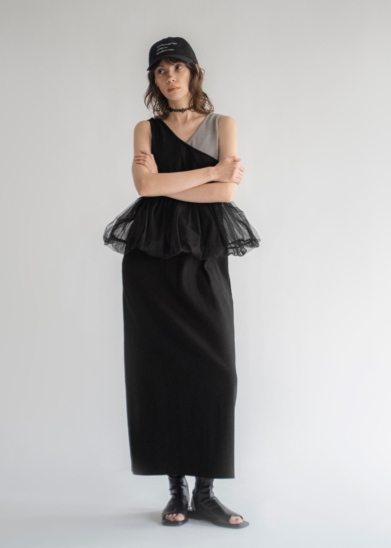 tulle peplum docking rib OP (Black) / チュールペプラムワンピース (オートミール) / 26SS