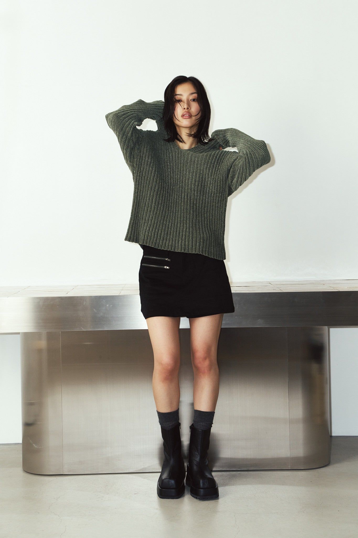 ブークレ ニット フーディ (カーキ) rib hoodie boucle knit (Khaki) / 26AW