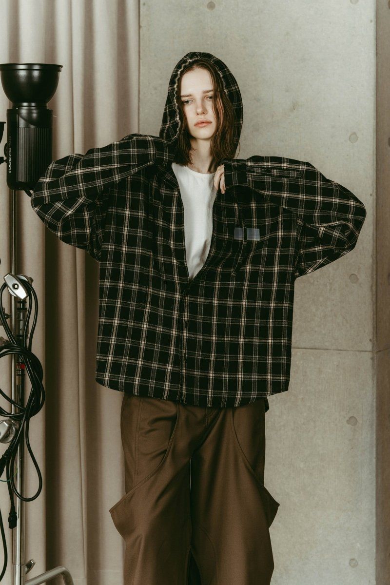 hooded over shirts(unisex) / オーバー フーディシャツ (Check black) / 26SS