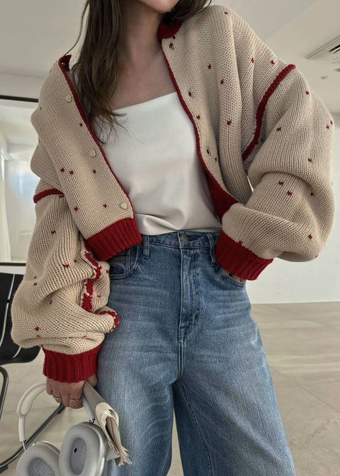 【ショート】ハートドット リバーシブルカーディガン (レッド×タン) short heart dot jacquard reversible knit cardigan (red×tan) /  26SS
