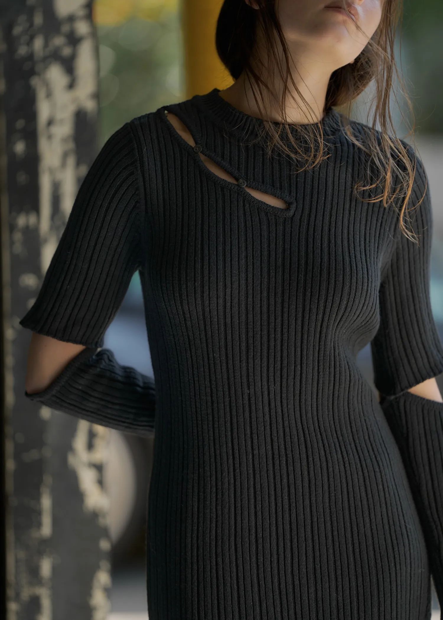 random rib removable sleeve knit OP / ランダムリブ ワンピースドレス (ブラック) / 25AW