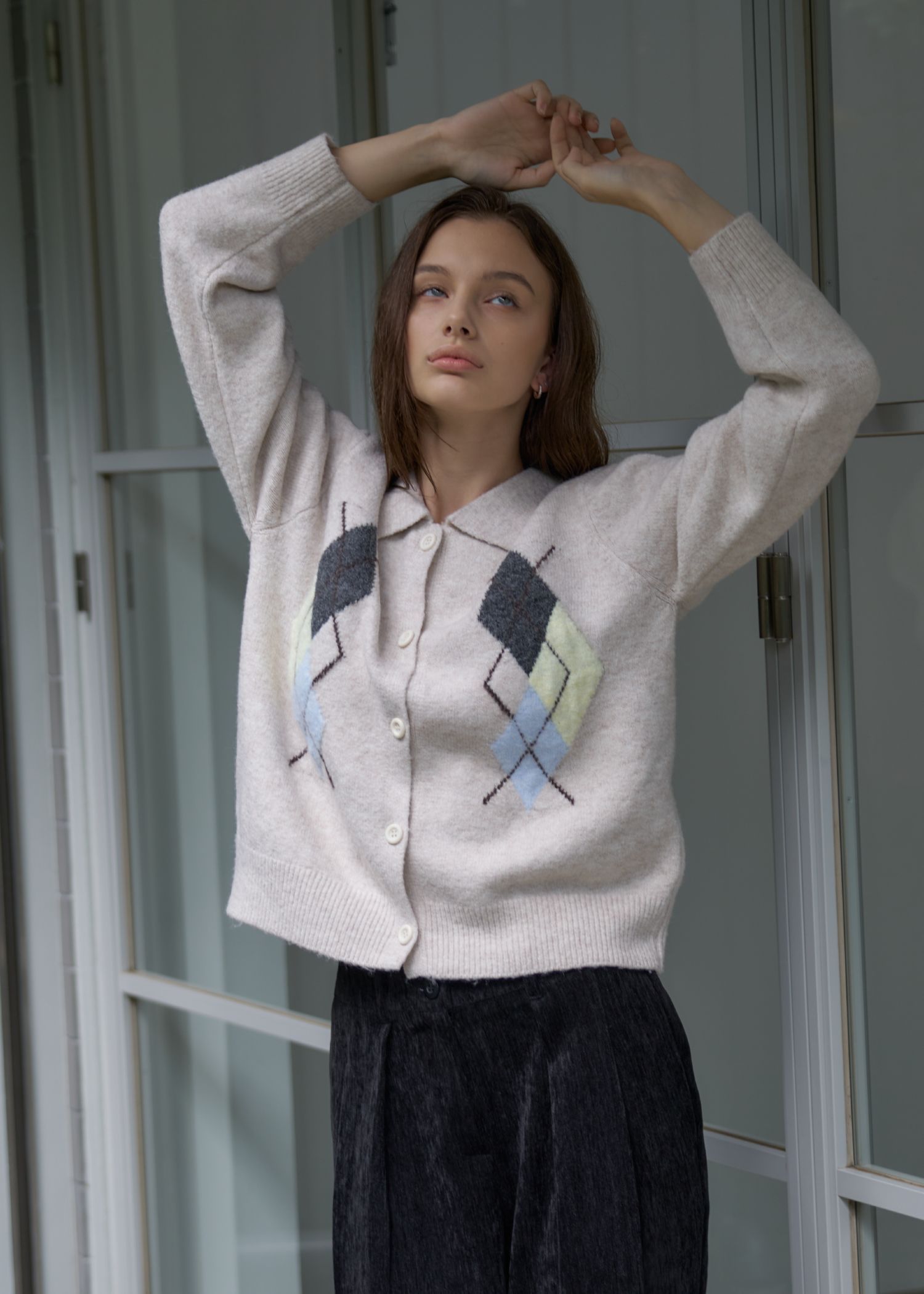 chic soft touch argyle knit cardigan / ソフトタッチ アーガイルニットカーディガン (ベージュ) / 25AW /