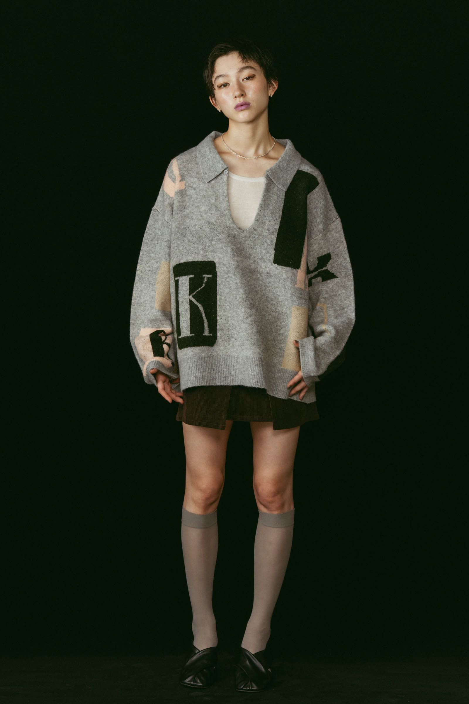 K design knit pullover(unisex) / Kデザイン ニットプルオーバー (グレー) / 25AW