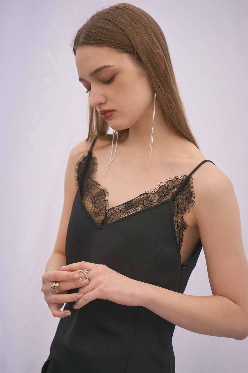 レーストリムサテンキャミソール (ブラック) Lace-trim Satin Camisole (Black) / 26AW *