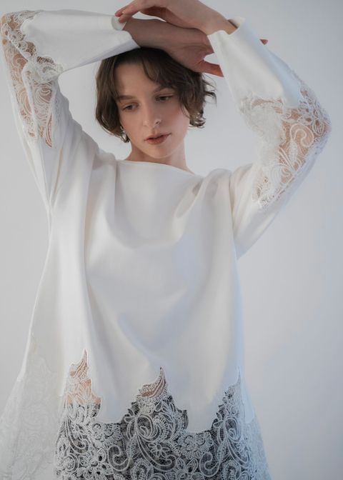 scallop lace sheer panel cut & sewn tops / シアーレース カットソートップス (Ivory) / 26SS