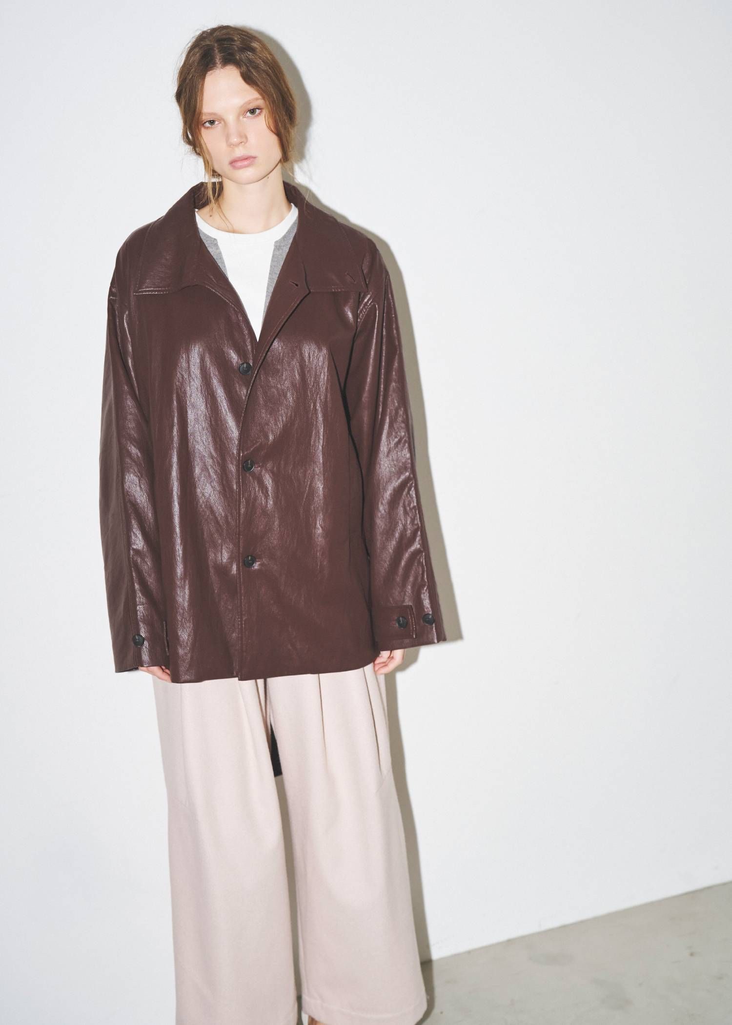 スタンドカラー レザージャケット (バーガンディ) stand collar over size synthetic leather JK (Burgundy) /  26AW