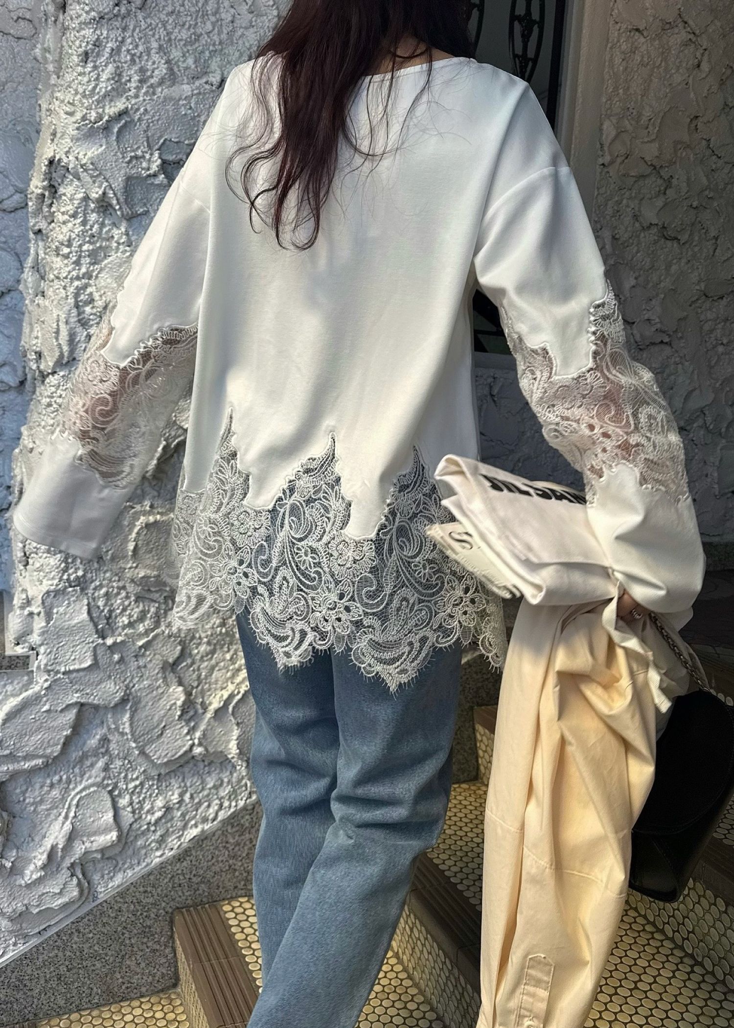 scallop lace sheer panel cut & sewn tops / シアーレース カットソートップス (Ivory) / 26SS