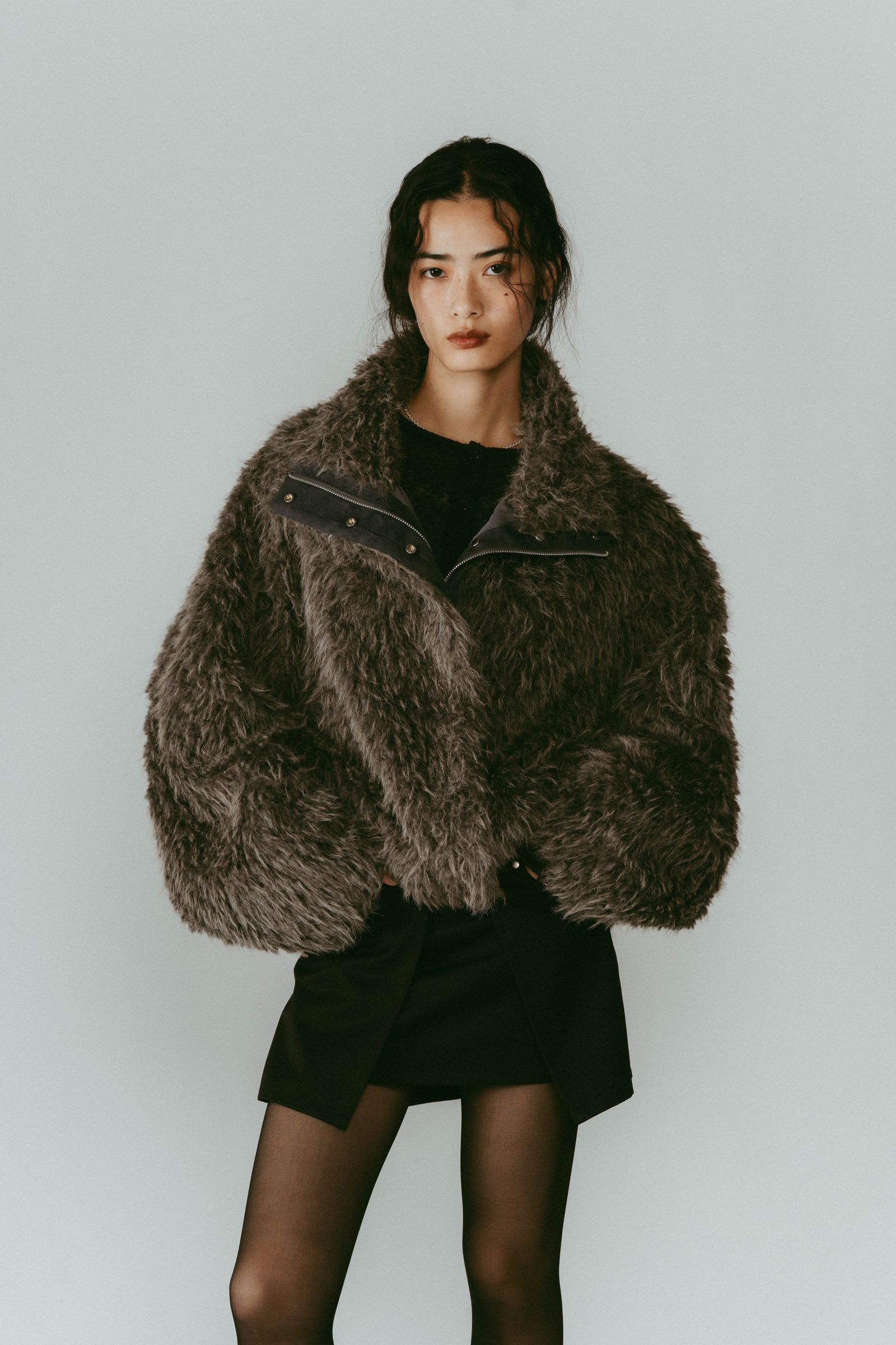 shaggy stand collar coat / シャギースタンドカラーコートブルゾン (グレー) / 25AW