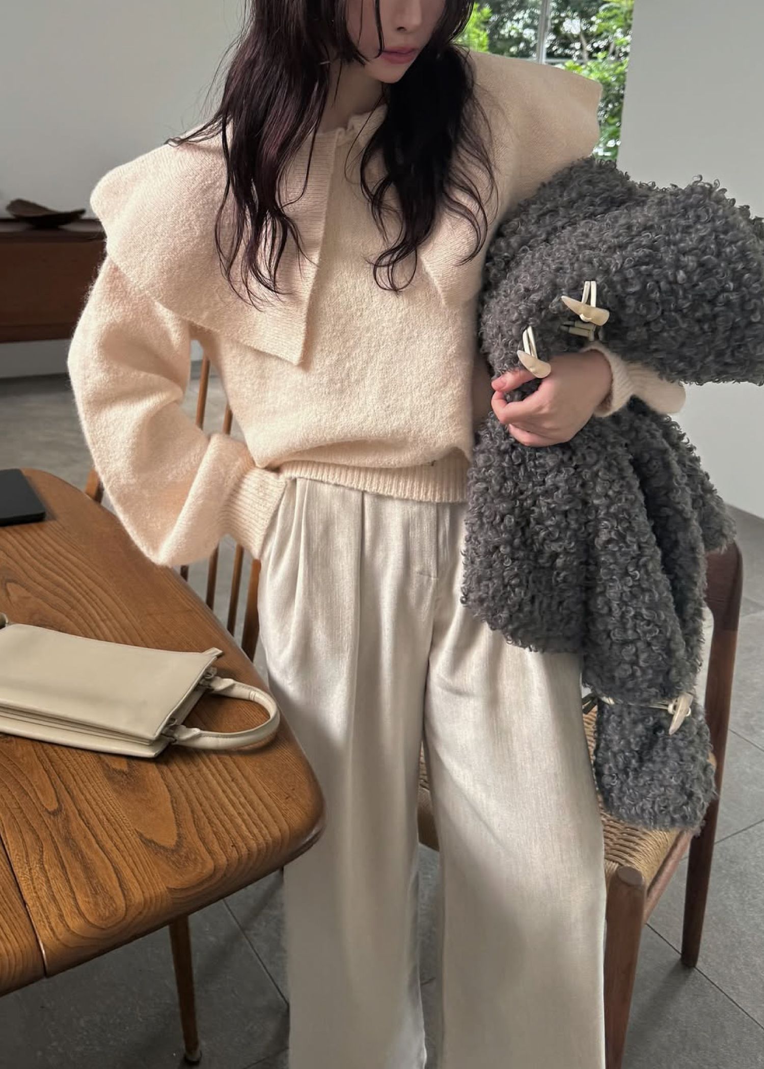 overlay big collar volume sleeve knit / ビッグカラー ボリュームスリーブニット (ベビーピンク) / 25AW /