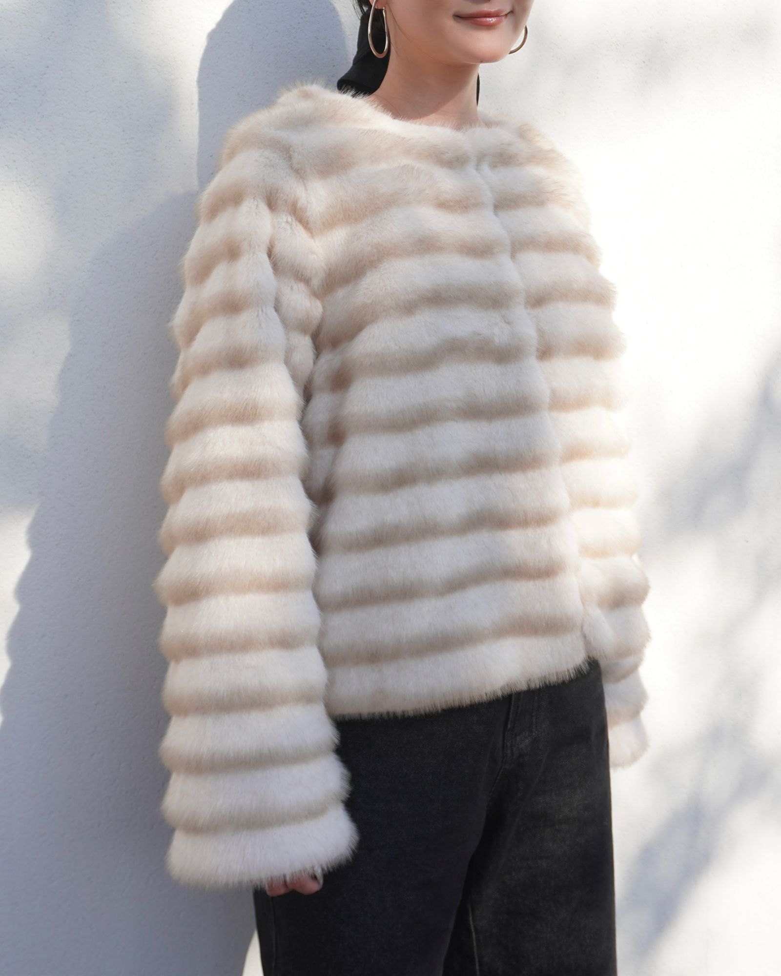 【25AW】Gradation Border Fur Jacket (アイボリー) / グラデーションボーダーファー ジャケット / エコファー / フェイクファー