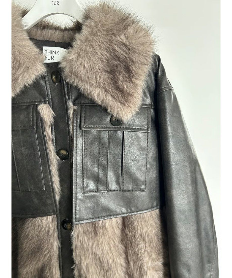 【25AW】Leather Docking Fur Jacket (ブラック) / レザードッキングファージャケット / エコファー / フェイクファー