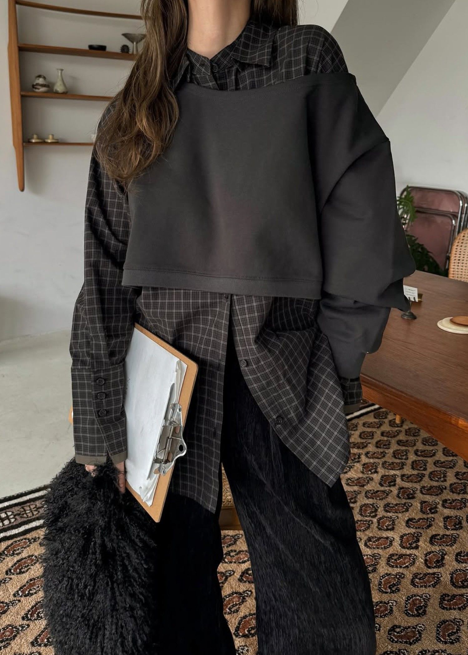 asymmetry 2 piece layered sweat / 2ピースレイヤードスウェット (ブラック) / 25AW /