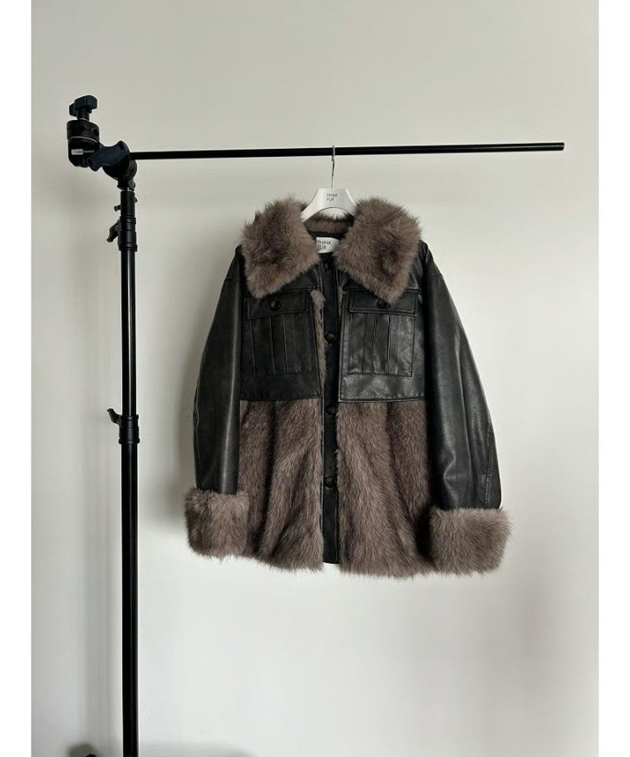 【25AW】Leather Docking Fur Jacket (ブラック) / レザードッキングファージャケット / エコファー / フェイクファー