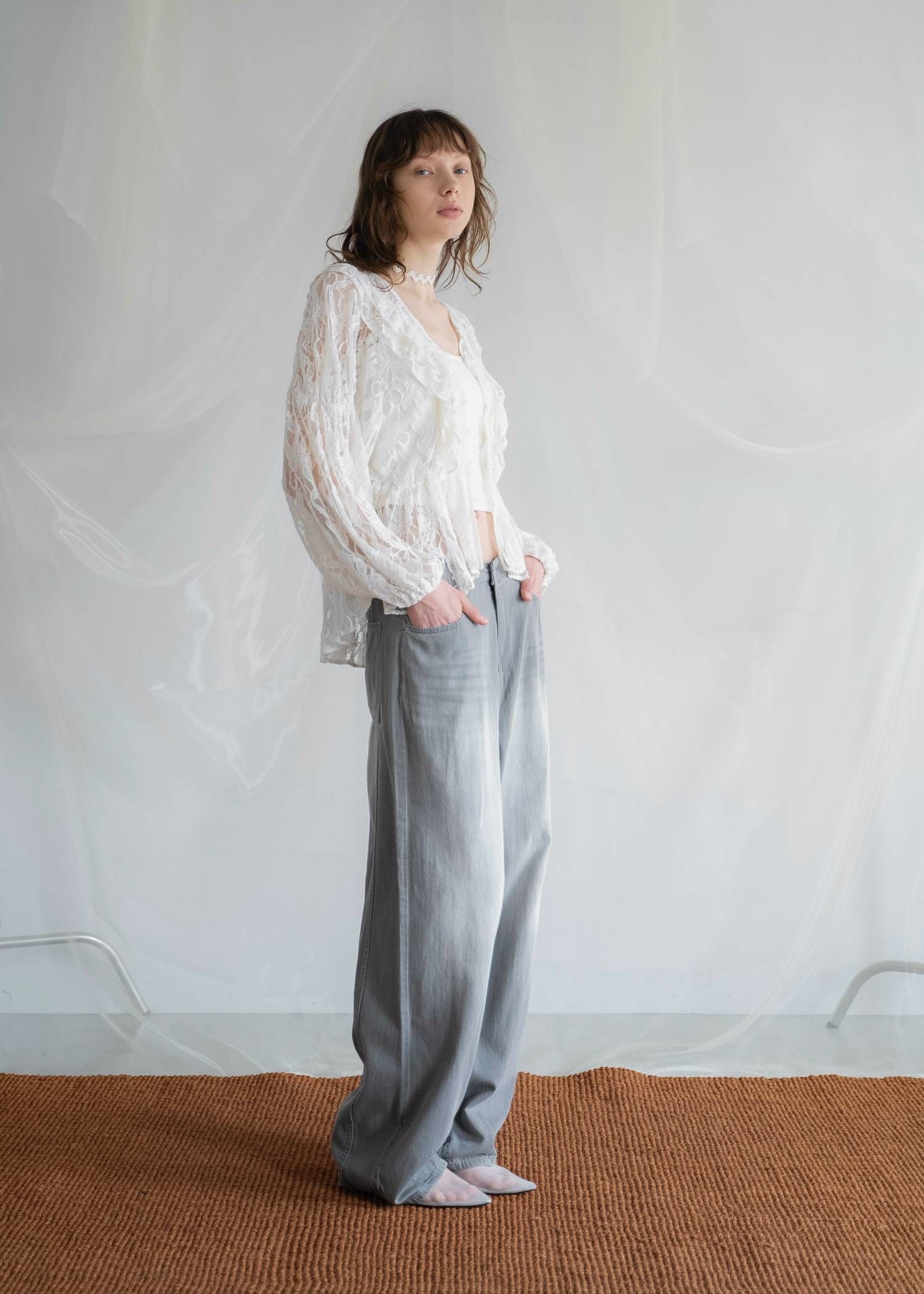 ボリュームスリーブ レースブラウス (ナチュラル) tiered frill neck volume sleeve lace BL (Natural) /  26SS