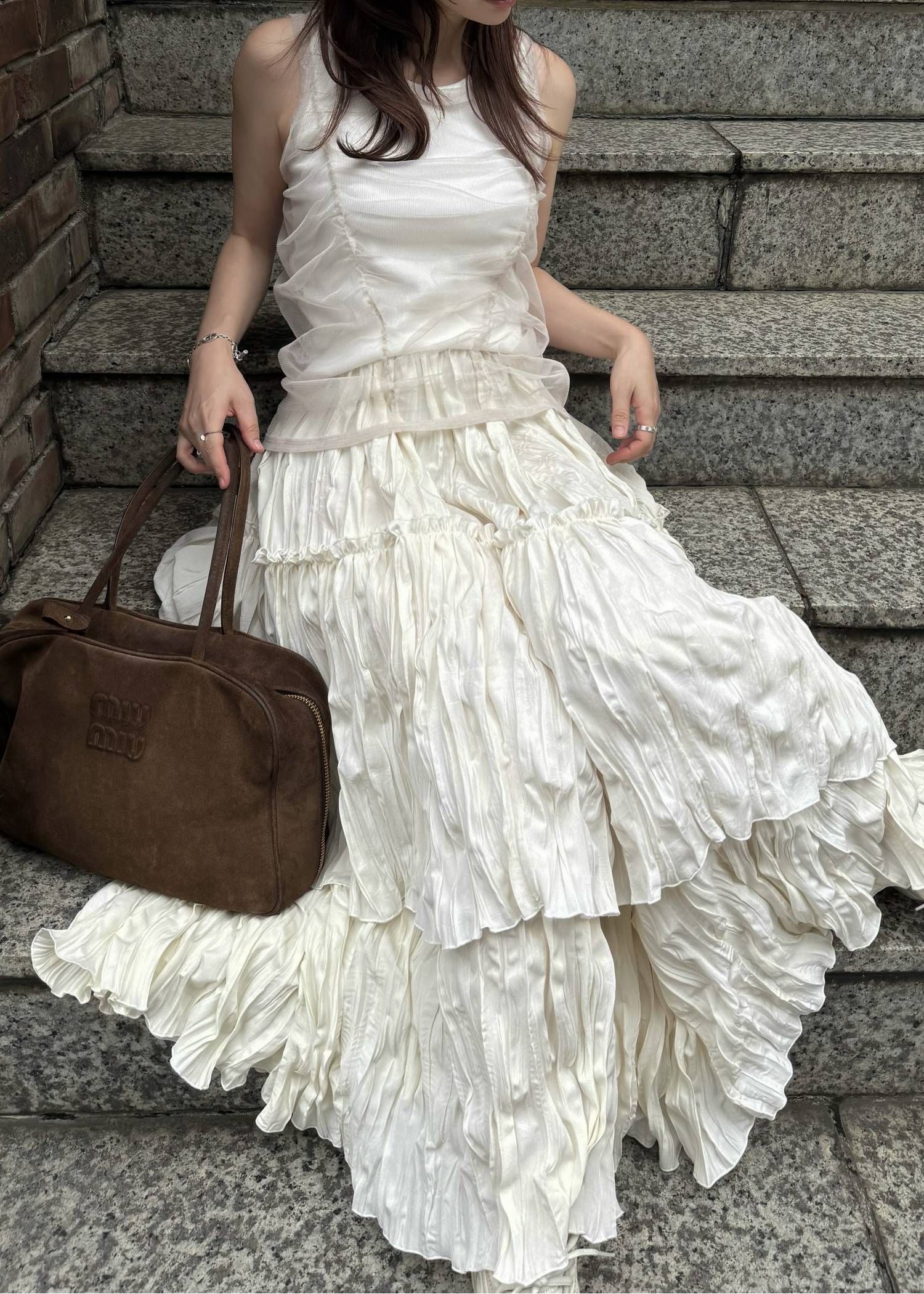 チュールリブタンク (ホワイト) gather tulle layered rib tank (White) /  26SS