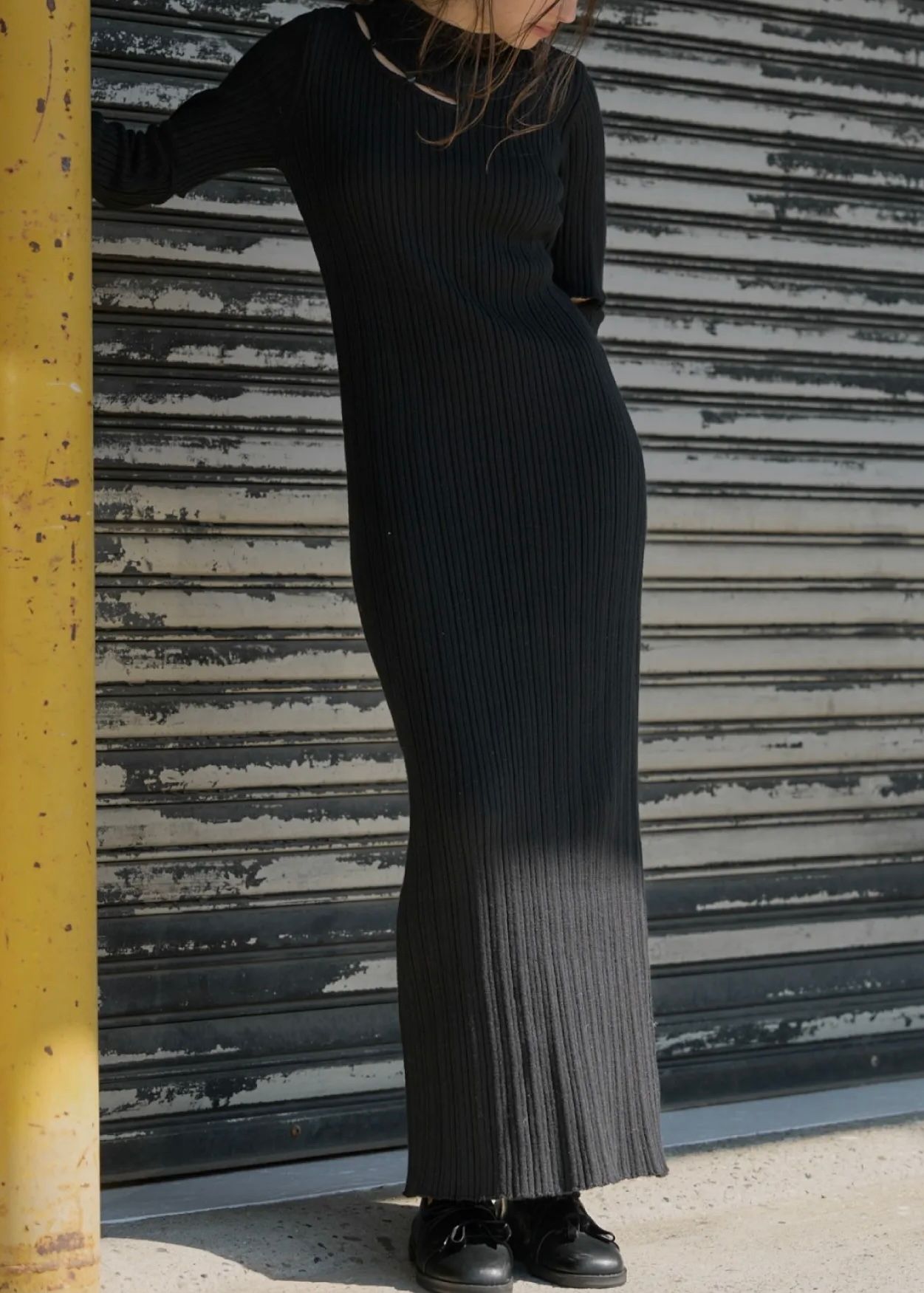 random rib removable sleeve knit OP / ランダムリブ ワンピースドレス (ブラック) / 25AW