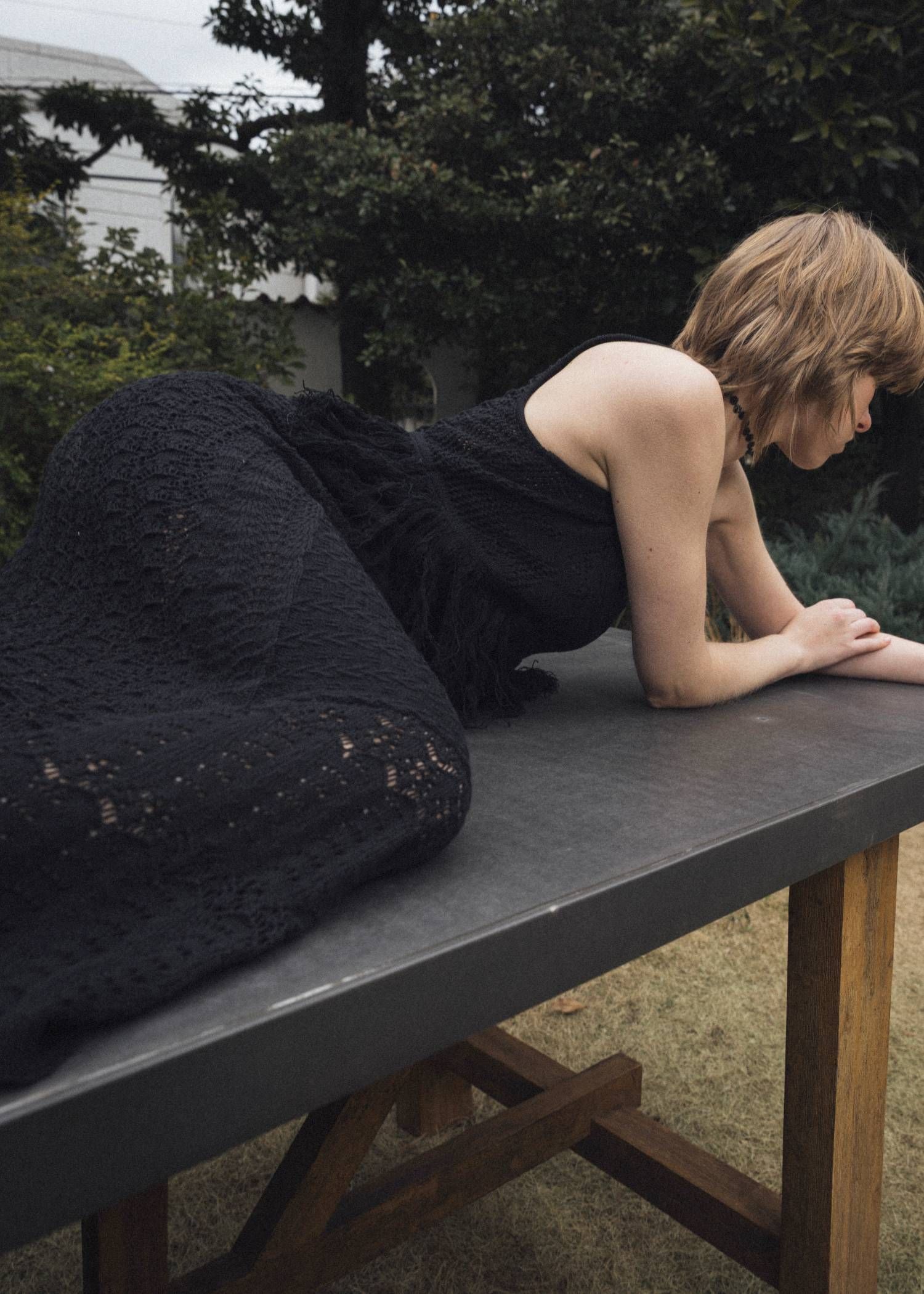 マルチパターン ニットワンピース (ブラック) multi pattern jacquard fringe knit OP (Black) /  26SS