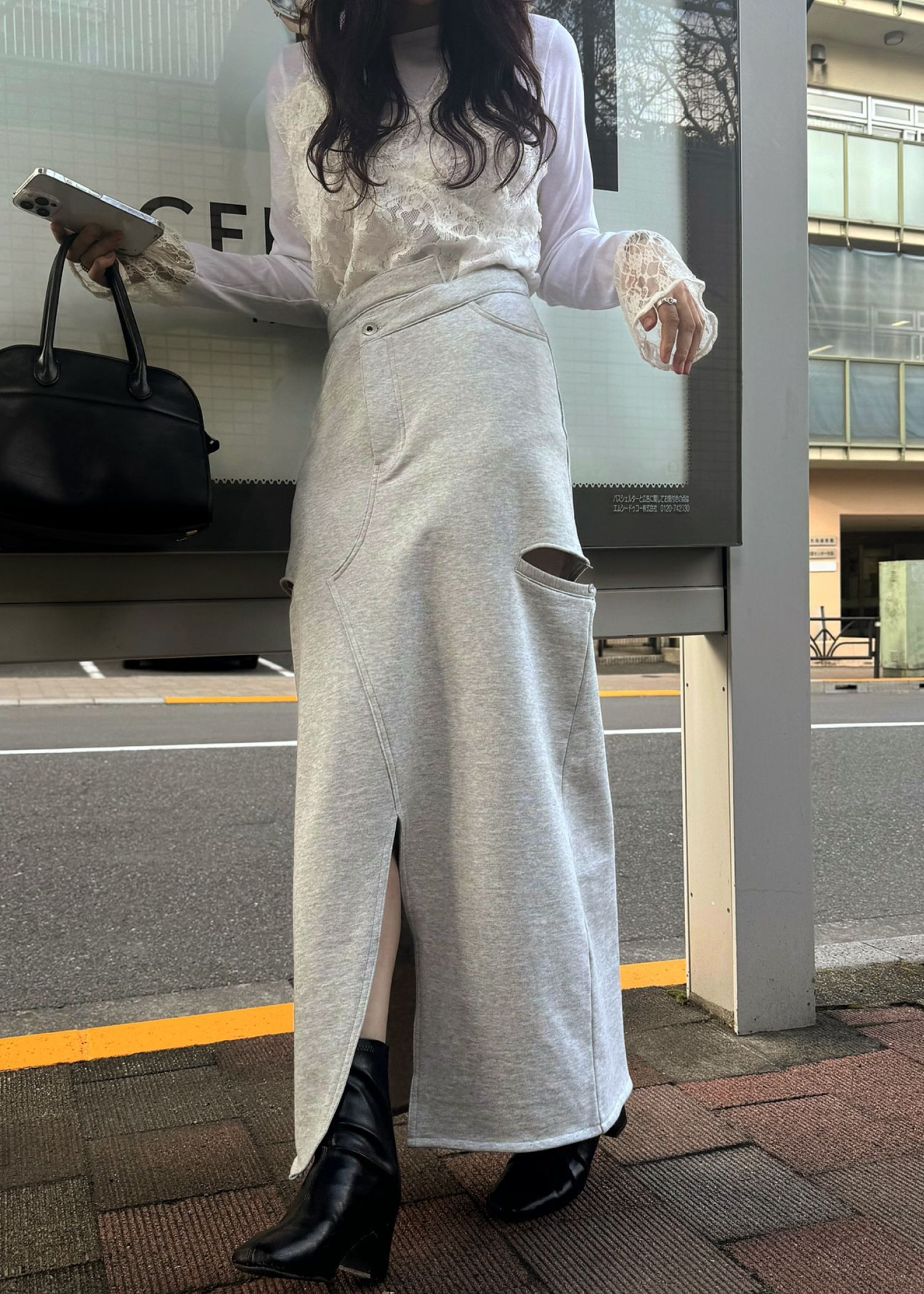 back bi color patchwork remake sweat SK / パッチワーク リメイク スウェットスカート (Heather gray) / 26SS