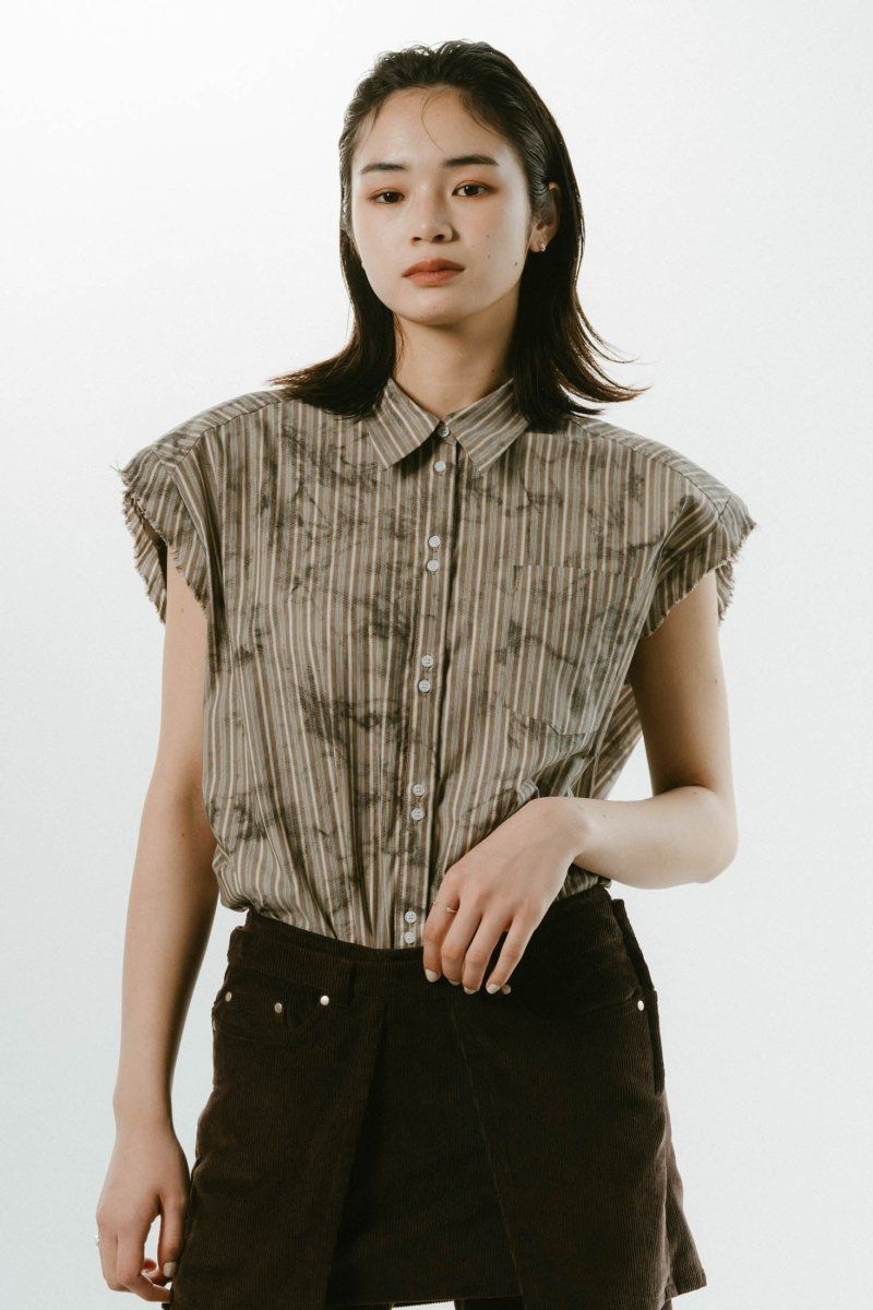 stripe label nosleeve shirt / ストライプ ラベル ノースリーブ シャツ (ストライプグレージュ) / 25SS