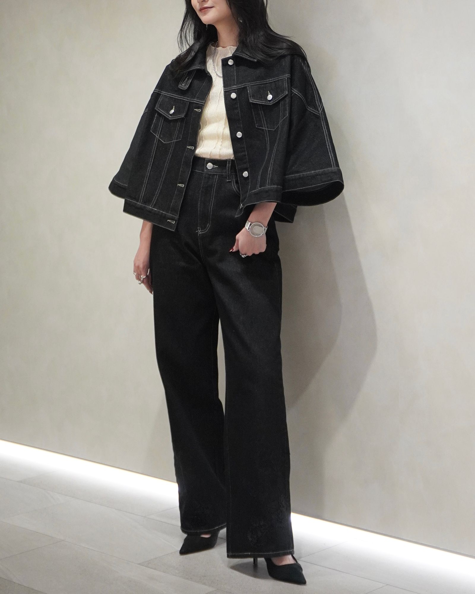 trucker detail denim poncho JK / トラッカー ポンチョ デニムジャケット (Black) / 26SS