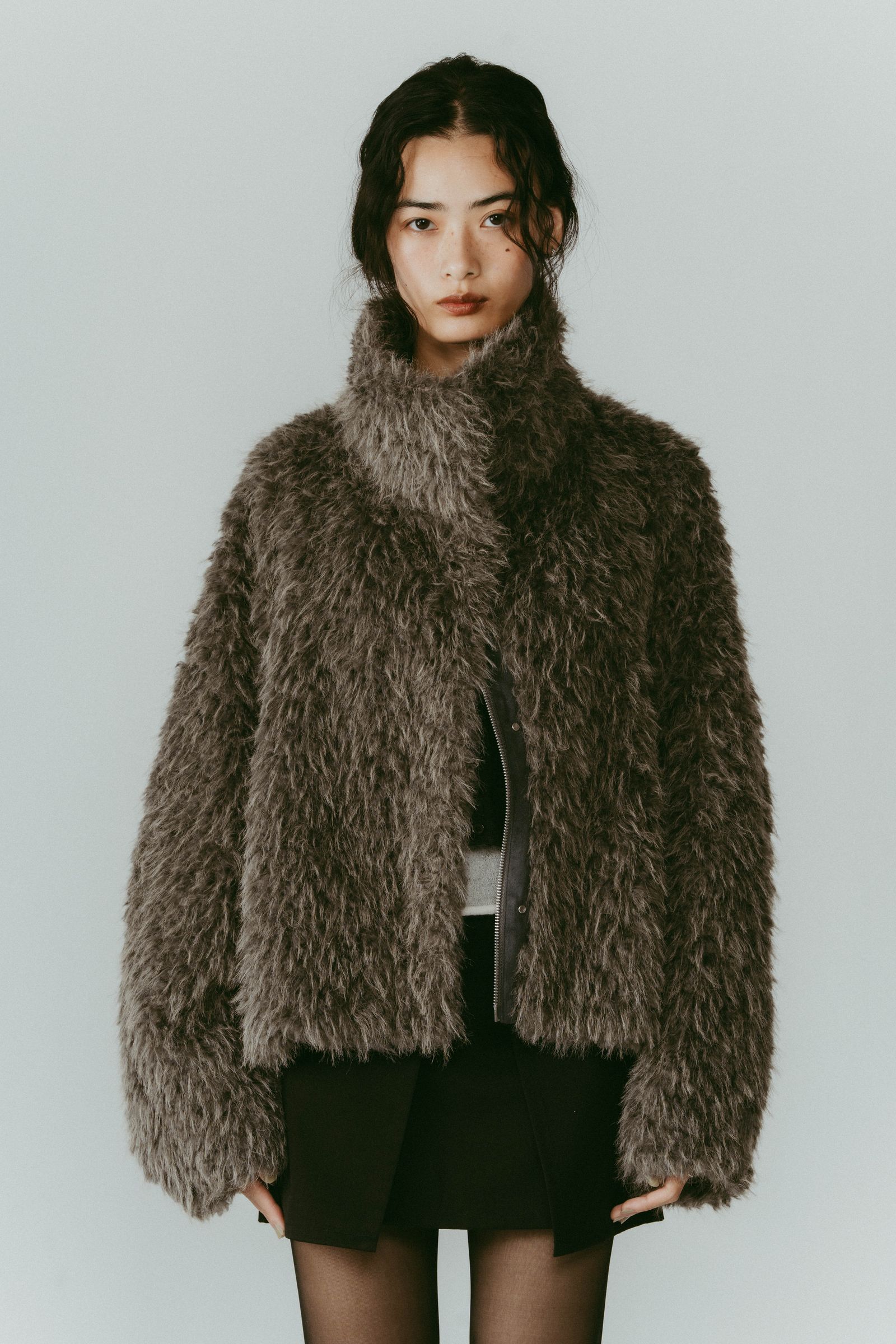 shaggy stand collar coat / シャギースタンドカラーコートブルゾン (グレー) / 25AW