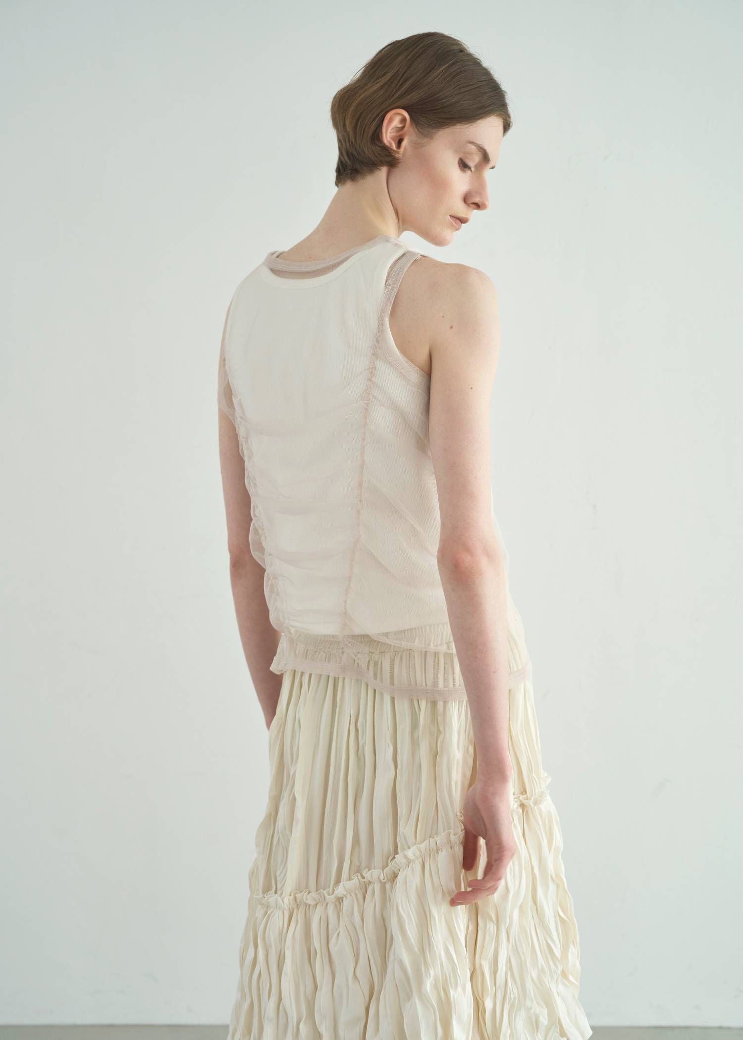チュールリブタンク (ホワイト) gather tulle layered rib tank (White) /  26SS