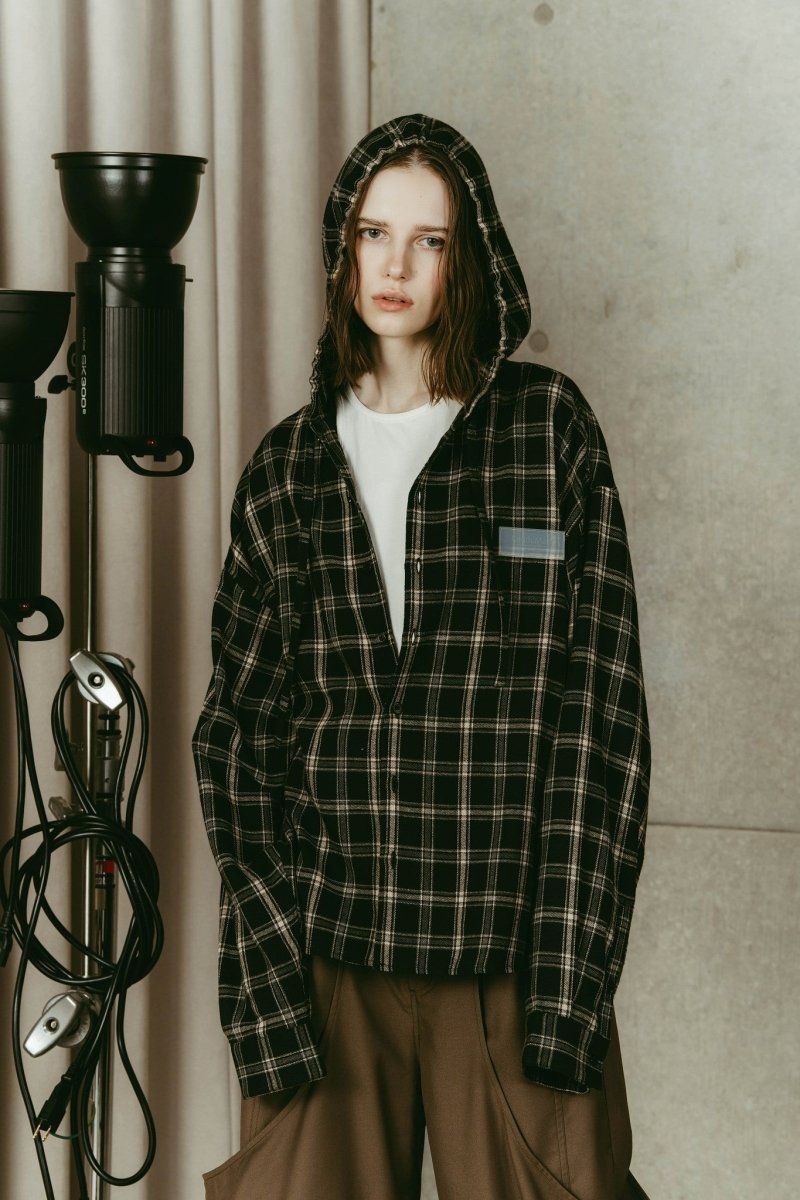 hooded over shirts(unisex) / オーバー フーディシャツ (Check black) / 26SS