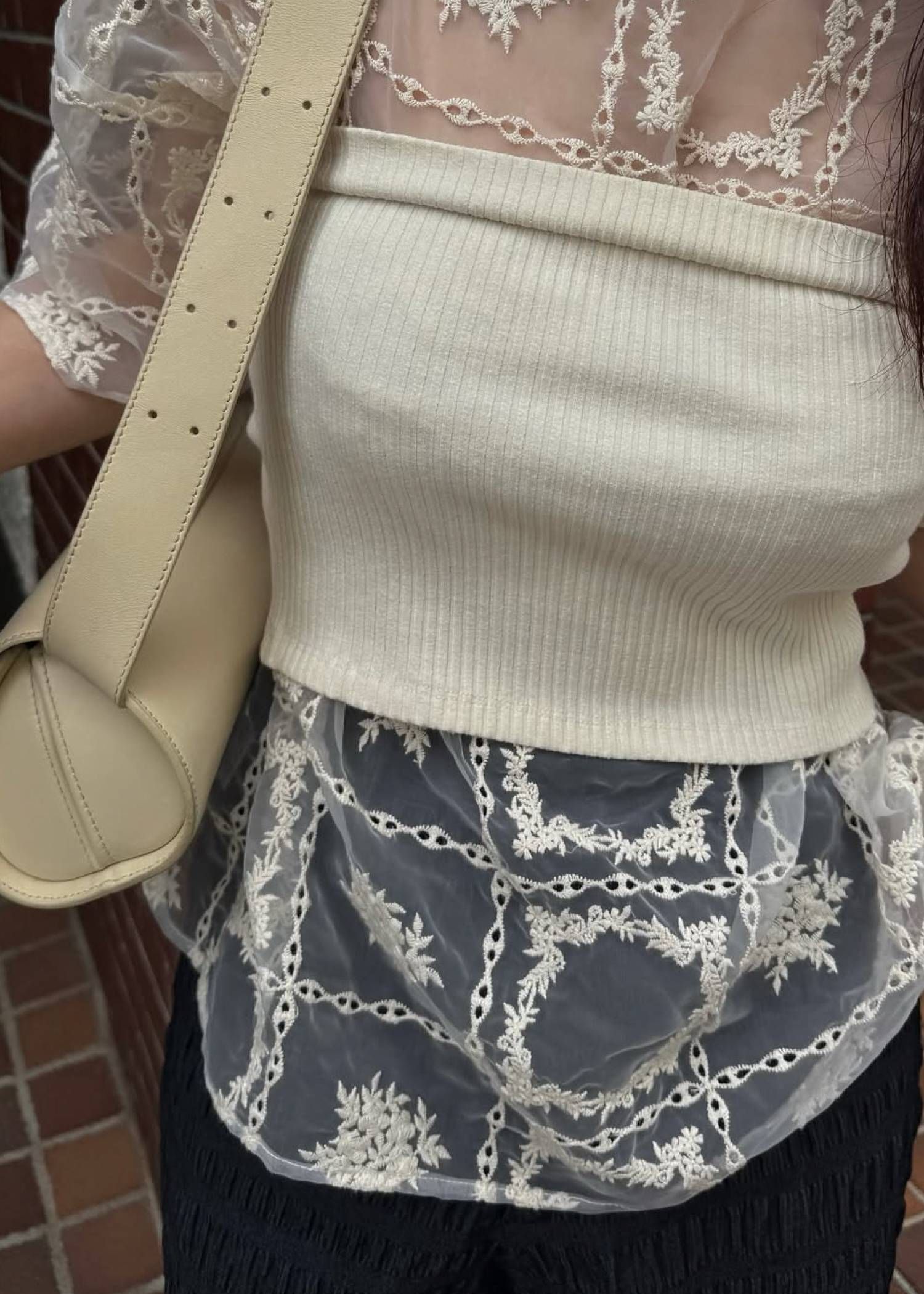 レースビッグTシャツ & リブトップス セット (Natural) square lace big tee & rib tops SET (ナチュラル) /  26SS