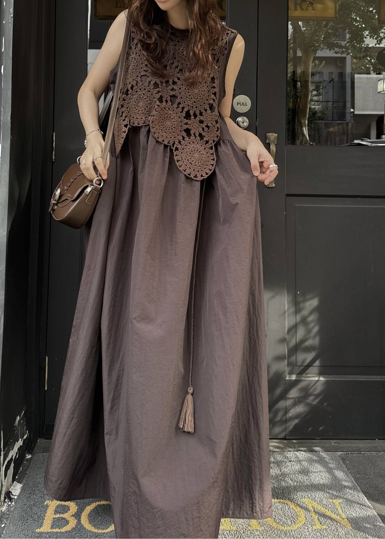 クロシェ ナイロンワンピース (ブラウン) crochet knit layered nylon OP (Brown) /  26SS