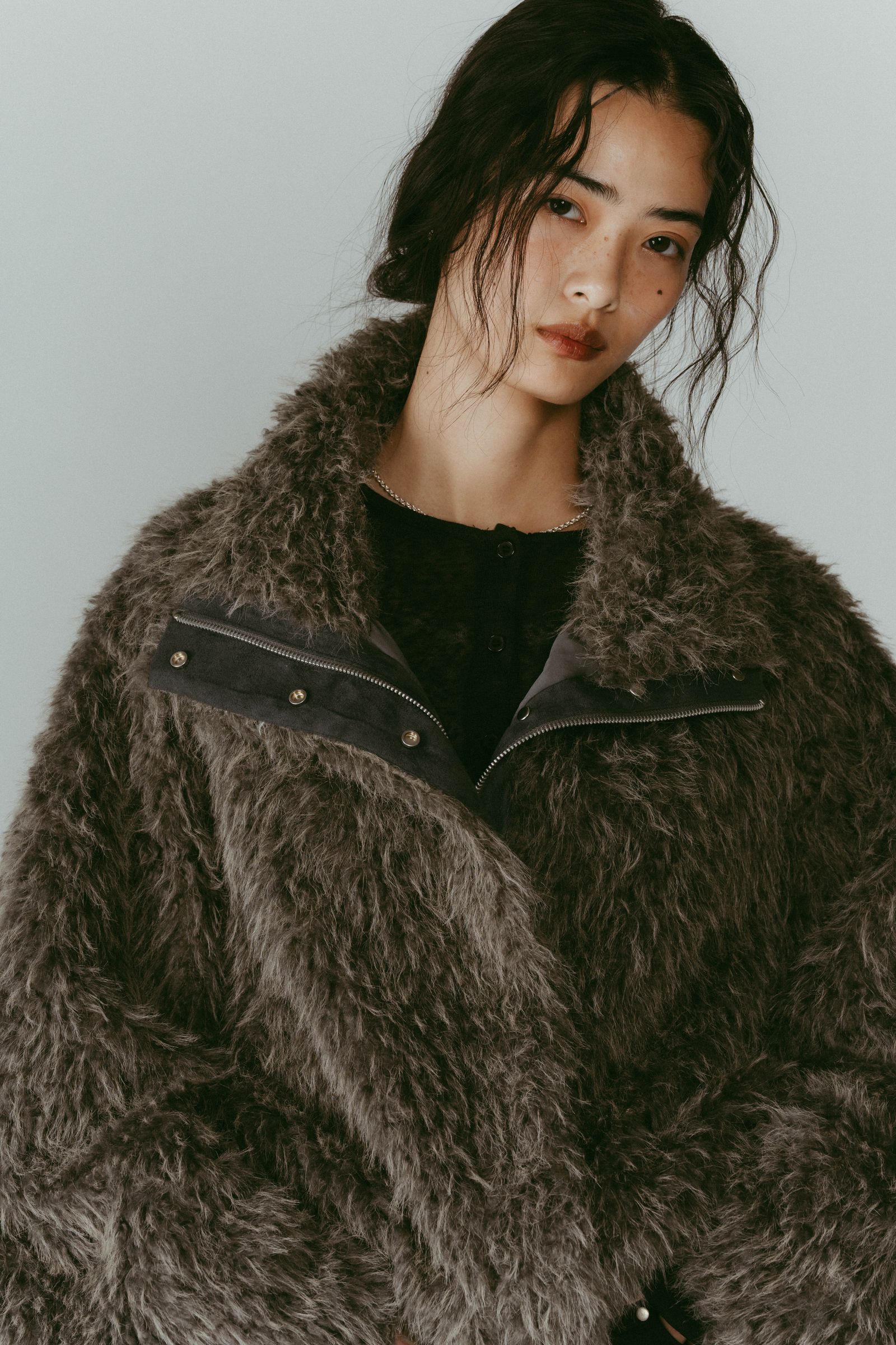 shaggy stand collar coat / シャギースタンドカラーコートブルゾン (グレー) / 25AW