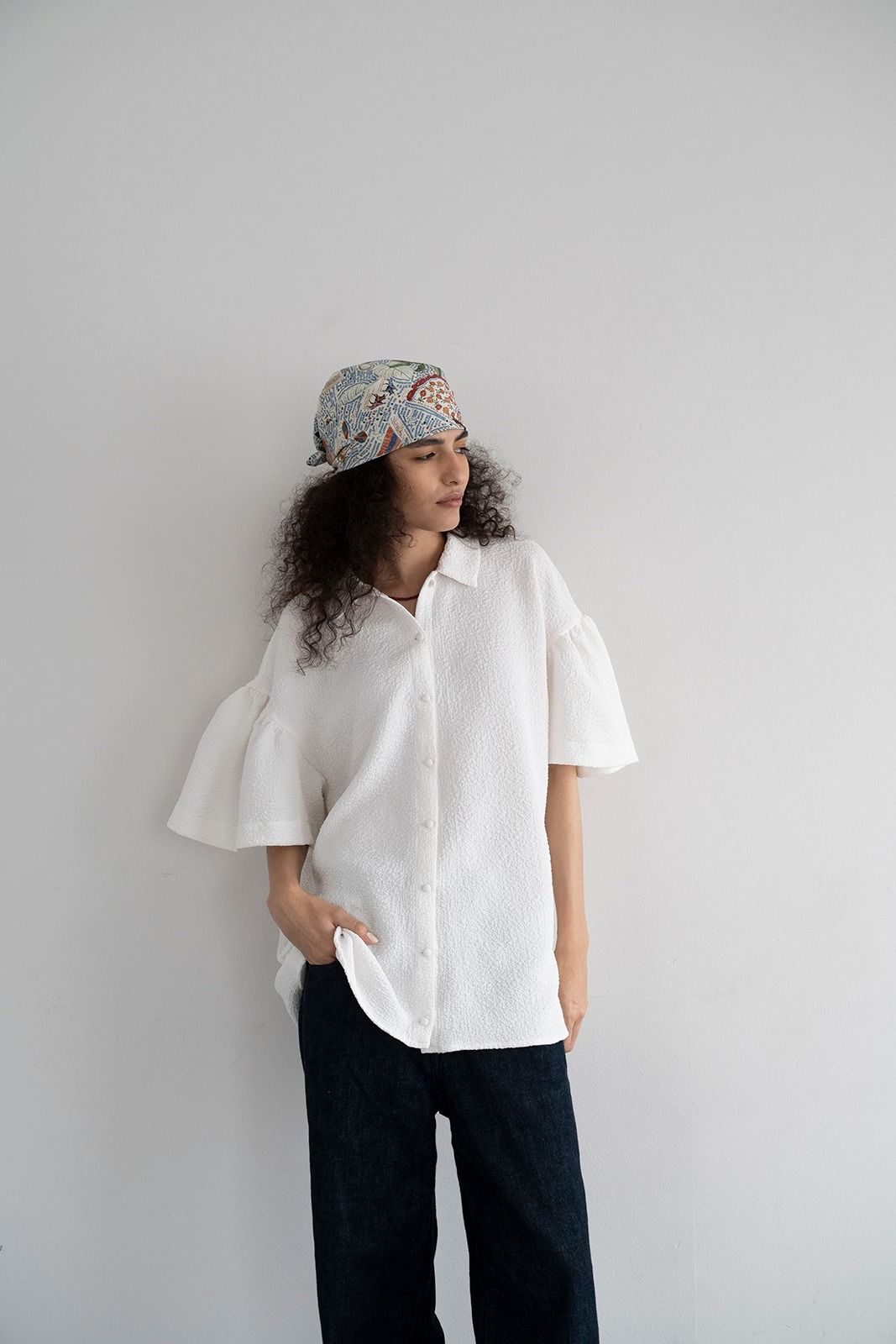 ふくれジャカードギャザースリーブブラウス (ホワイト)  Puffy Jacquard Blouse (White) /  26SS