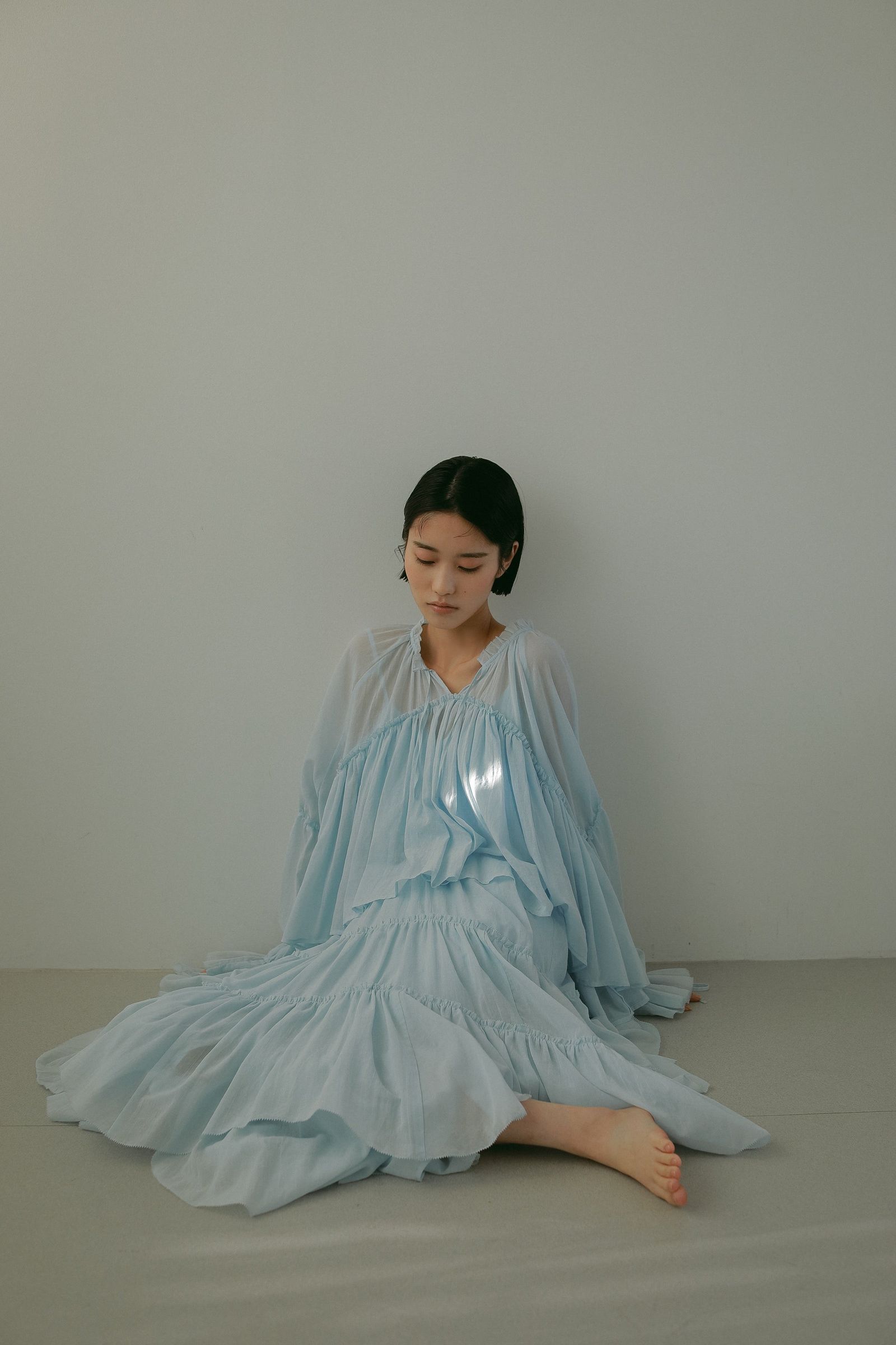 【新カラー】COTTON TIERED SKIRT / コットンティアードスカート (サックス) ミモレ丈 / ウエストゴム / ペチコート付き
