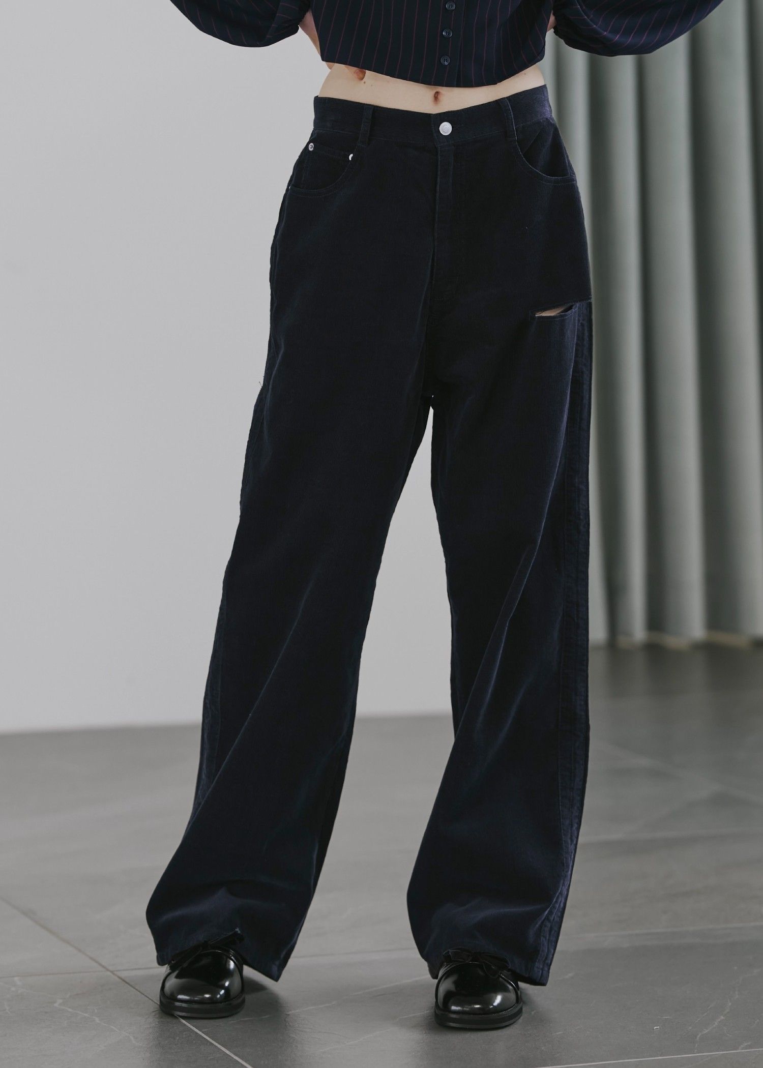 corduroy loose asymmetry notch PT / コーデュロイ ルーズノッチパンツ (ダークブルー) / 25AW /