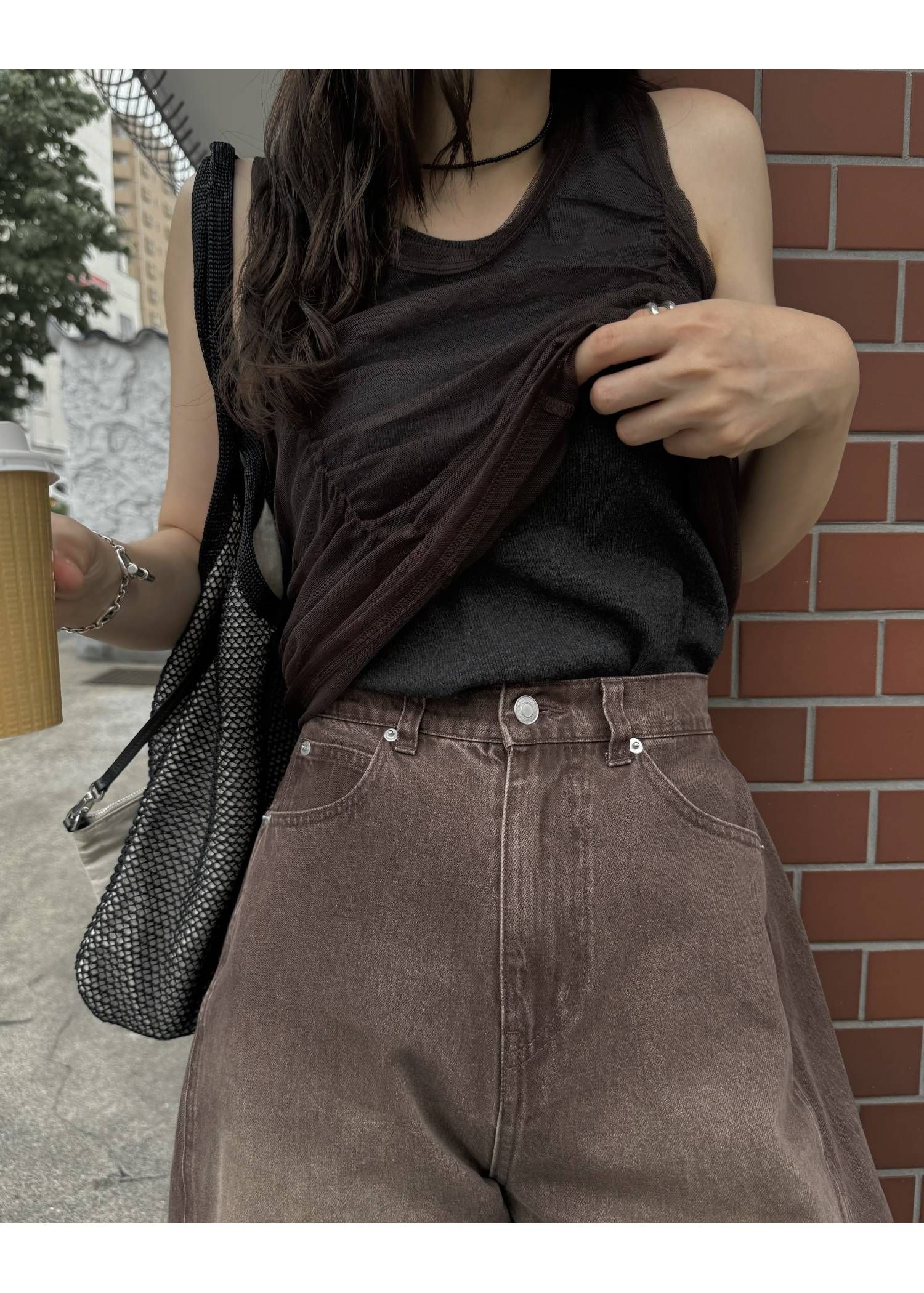 チュールリブタンク (チャコール) gather tulle layered rib tank (Charcoal) /  26SS