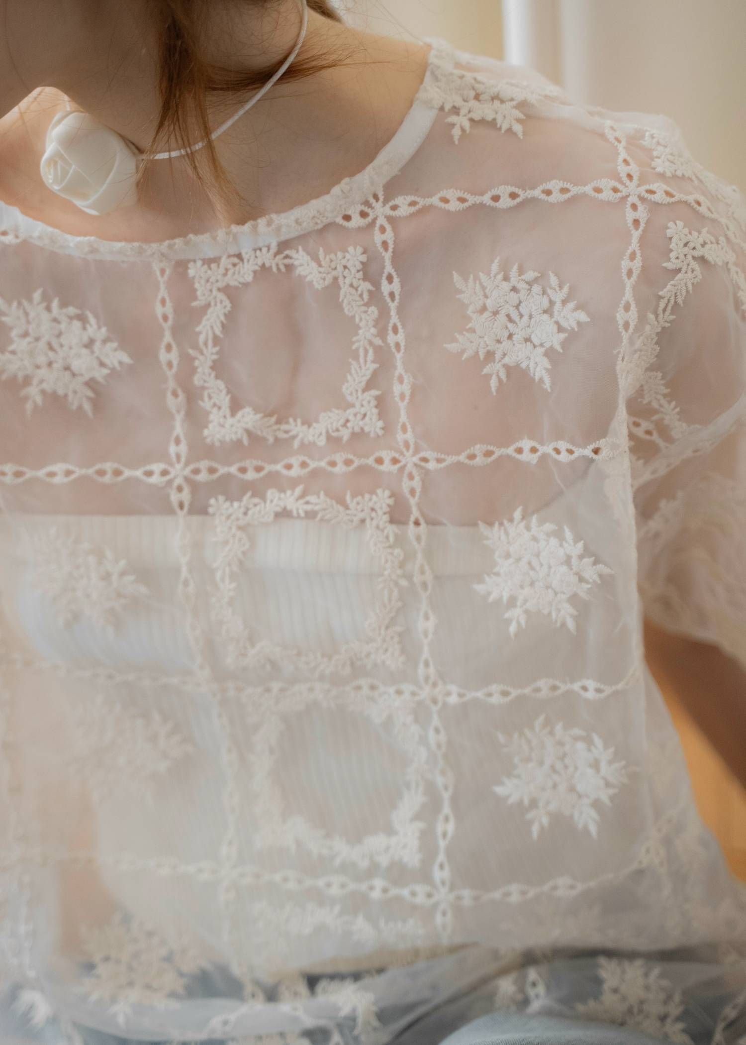 レースビッグTシャツ & リブトップス セット (Natural) square lace big tee & rib tops SET (ナチュラル) /  26SS