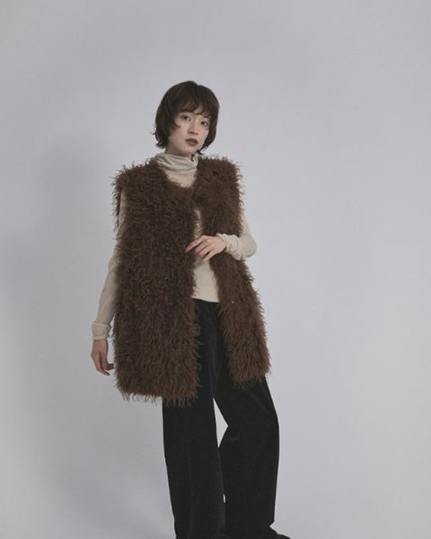 【26TH-18】カーリーファーベスト (ブラウン) Curly Fur Vest (Brown) /  エコファー  /  フェイクファー