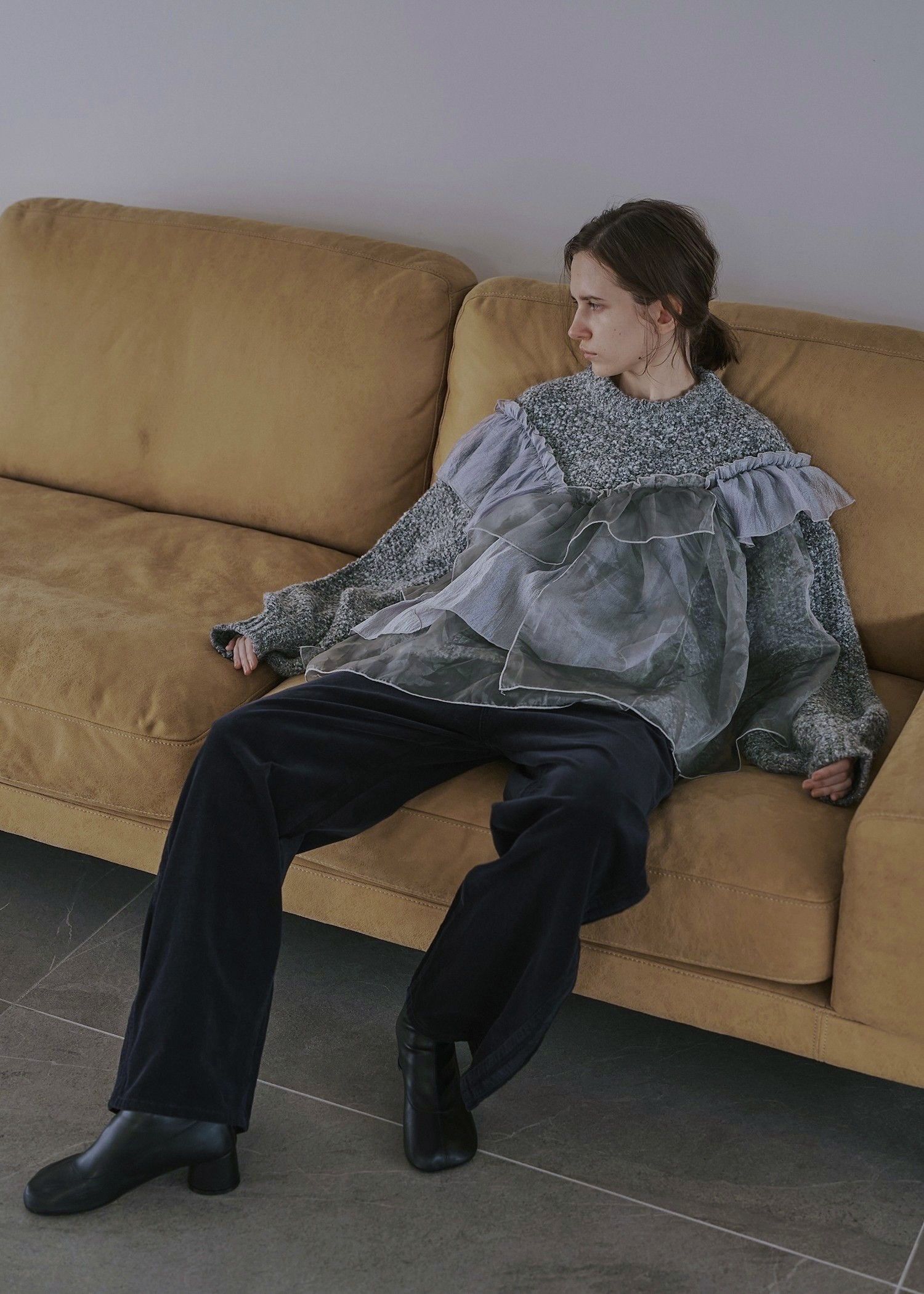 random frill placement volume sleeve knit / ランダムフリルニット (チャコール) / 25AW /