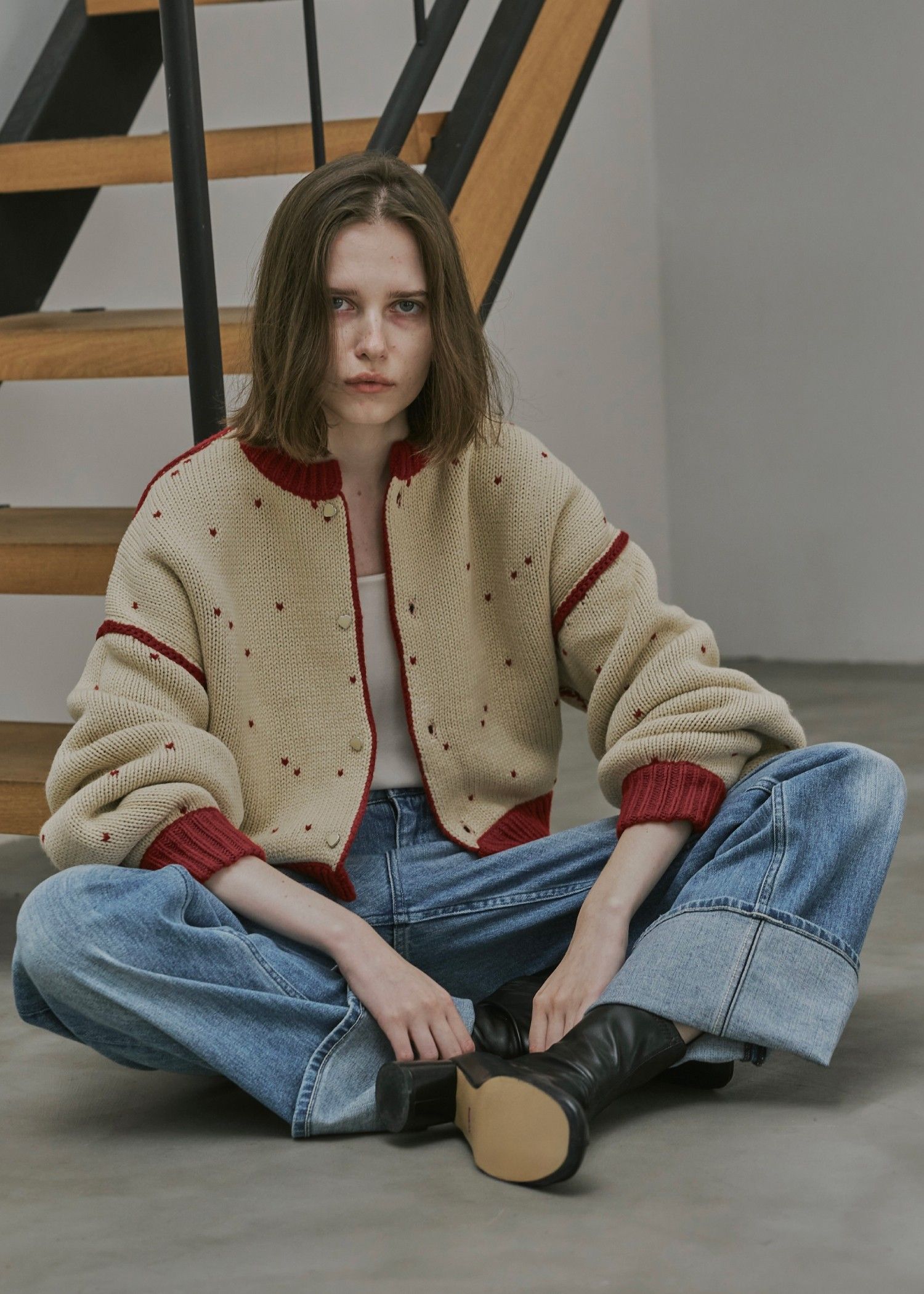 heart dot jacquard reversible cropped knit cardigan / ハートドット ジャガード リバーシブルクロップドカーディガン (レッド×タン) / 25AW