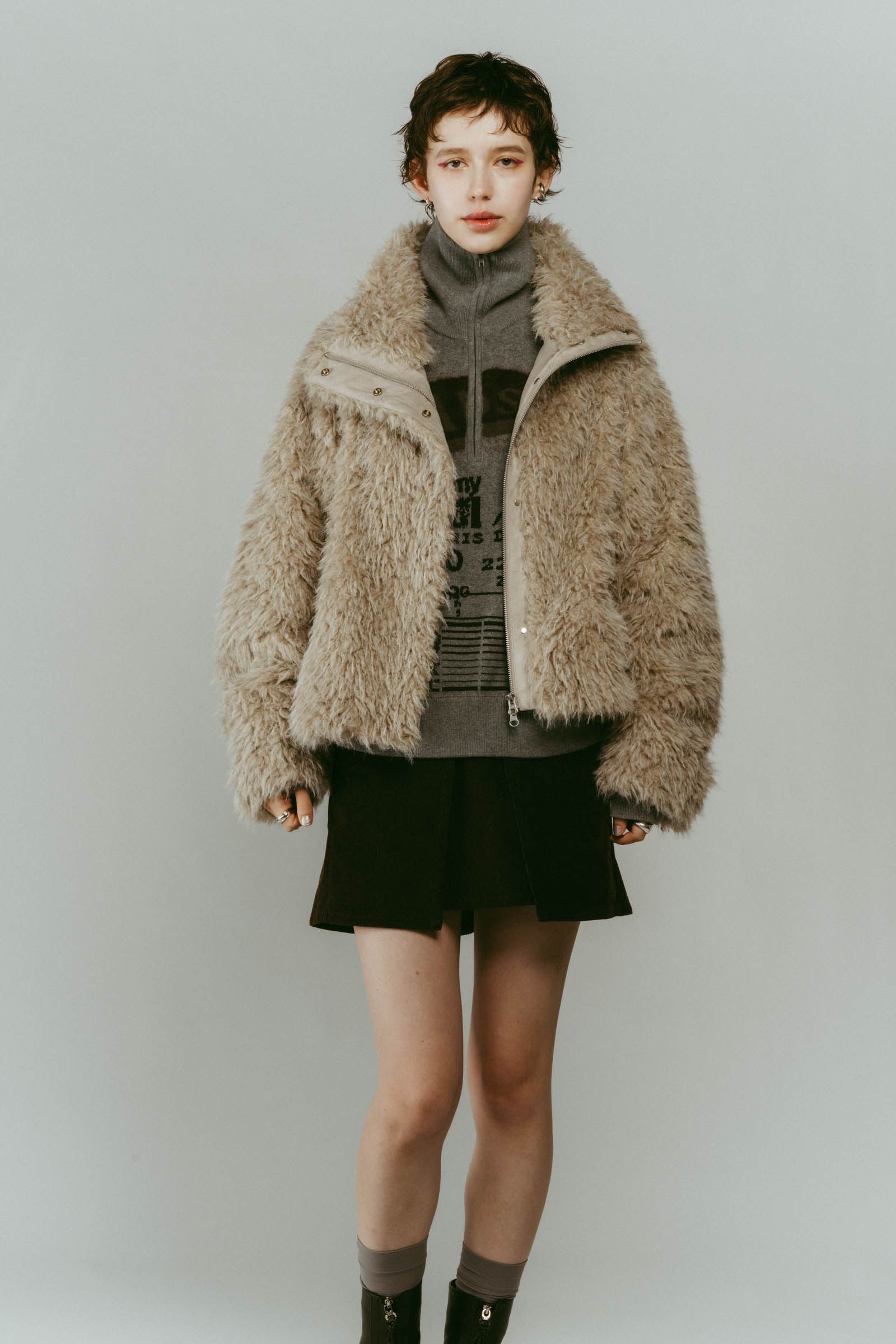 shaggy stand collar coat / シャギースタンドカラーコートブルゾン (アイボリー) / 25AW