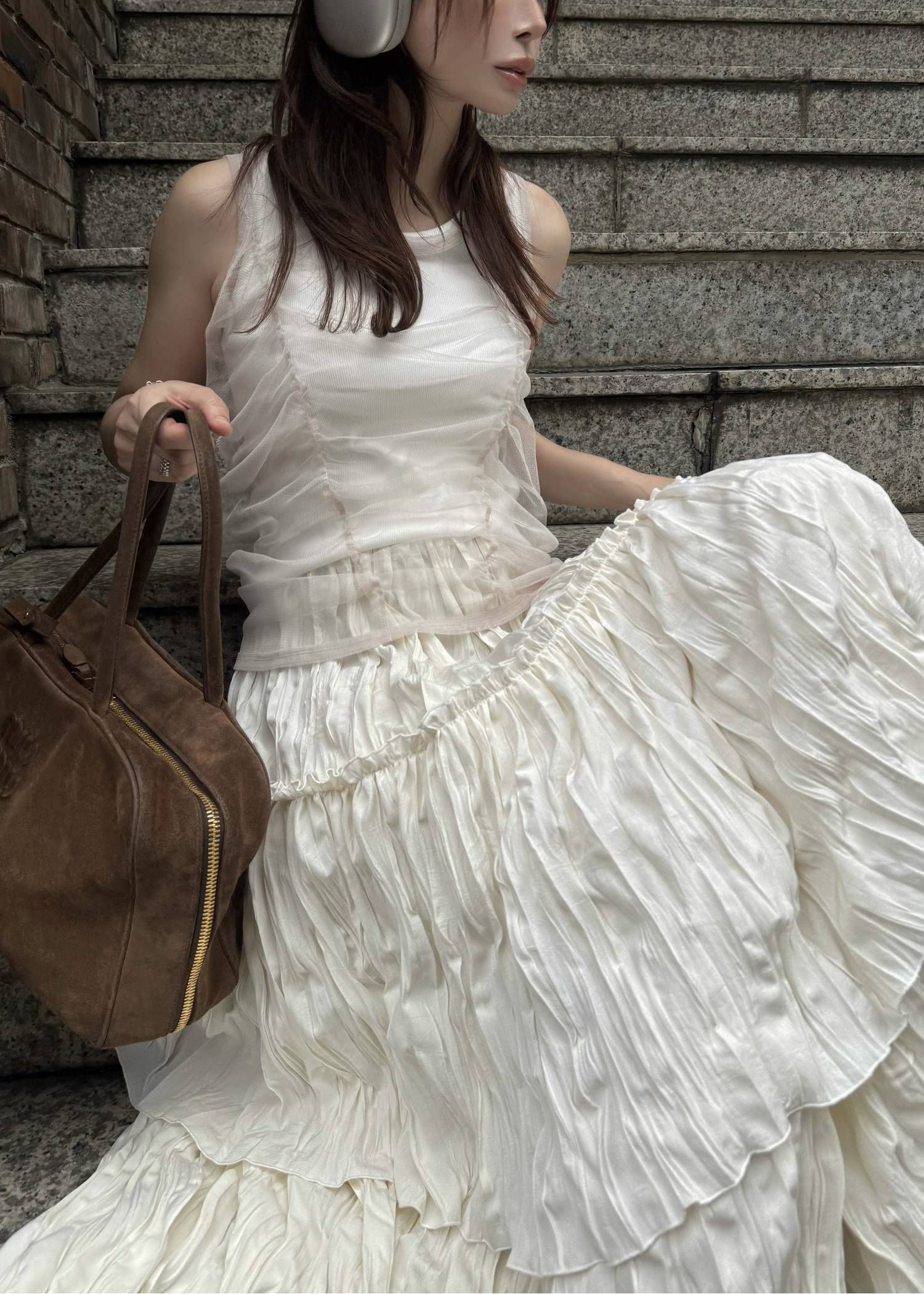 チュールリブタンク (ホワイト) gather tulle layered rib tank (White) /  26SS