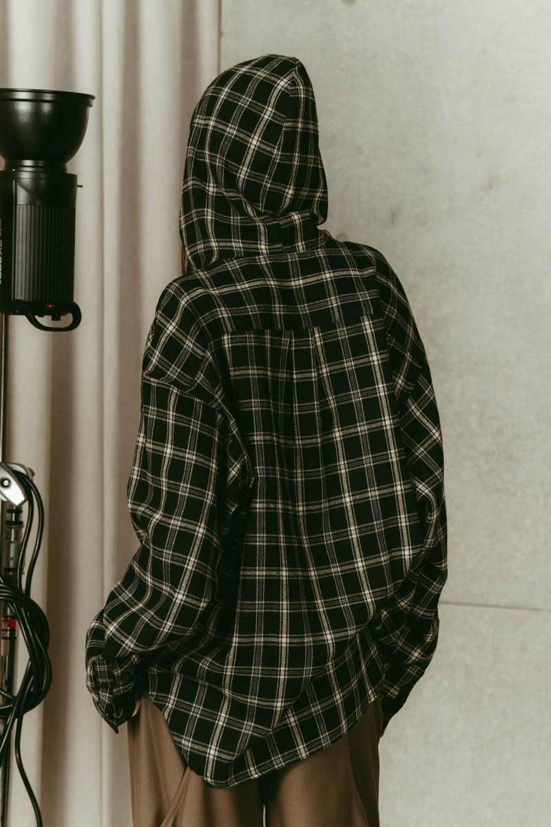 hooded over shirts(unisex) / オーバー フーディシャツ (Check black) / 26SS