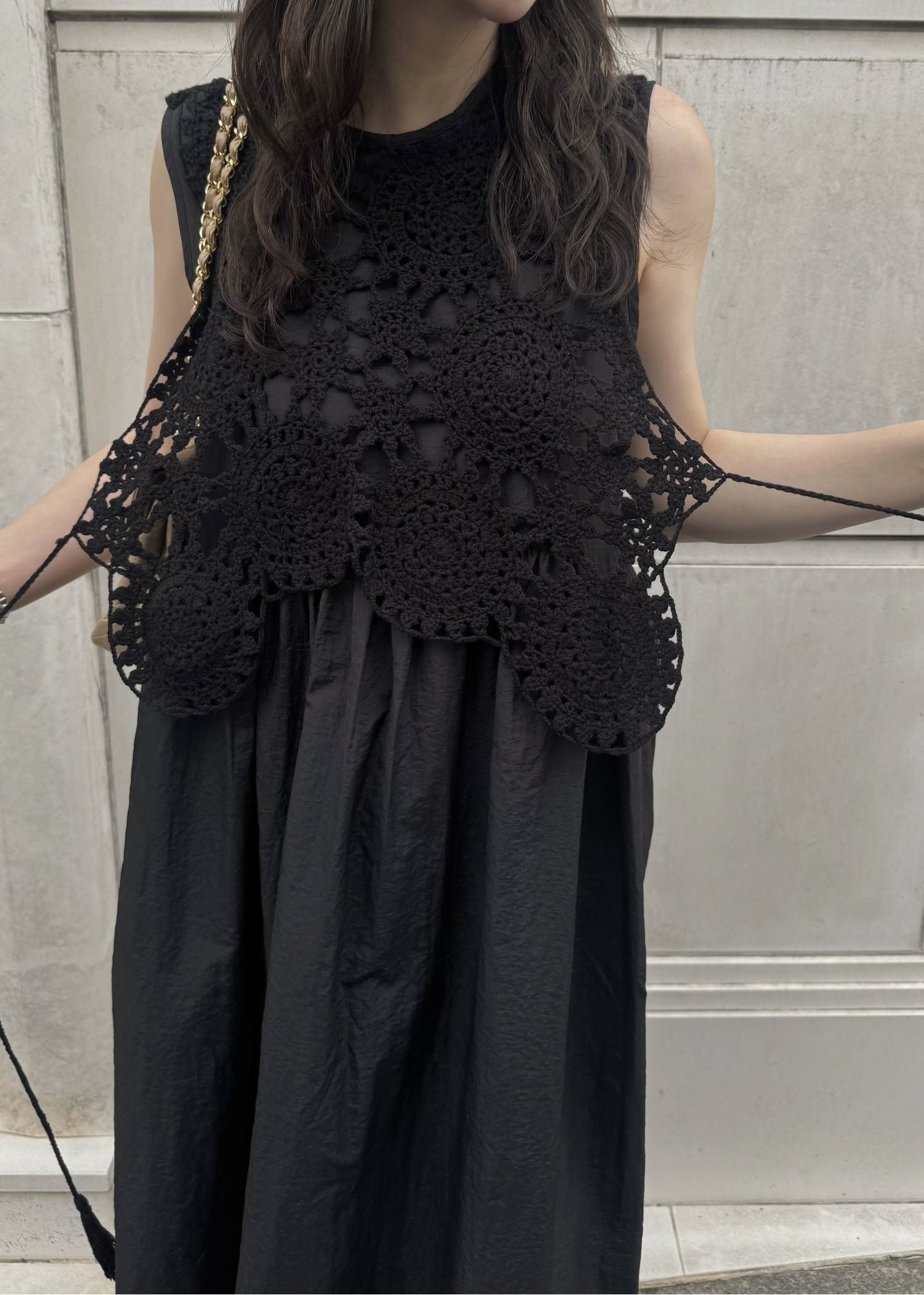 クロシェ ナイロンワンピース (ブラック) crochet knit layered nylon OP (Black) /  26SS
