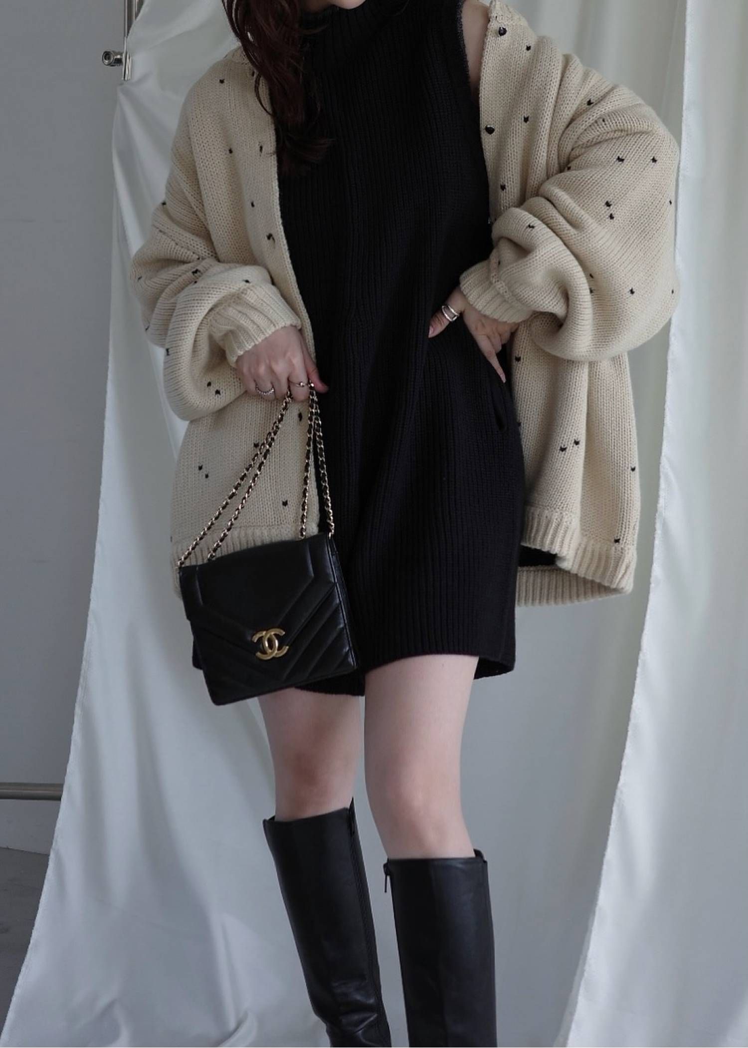 【ロング】ハートドット リバーシブルカーディガン (タン×ブラック) long heart dot jacquard reversible knit cardigan (tan×black) /  26SS