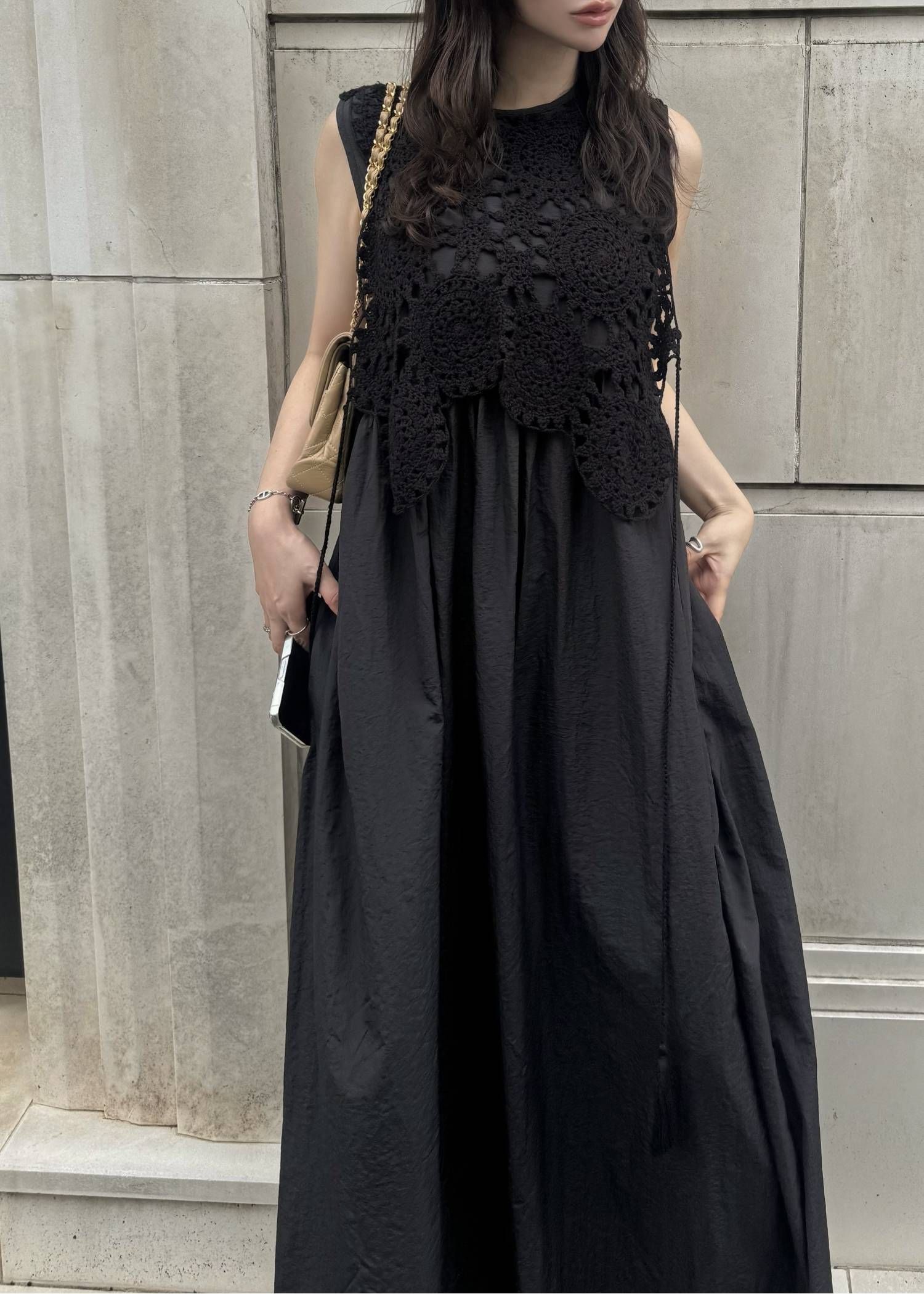 クロシェ ナイロンワンピース (ブラック) crochet knit layered nylon OP (Black) /  26SS
