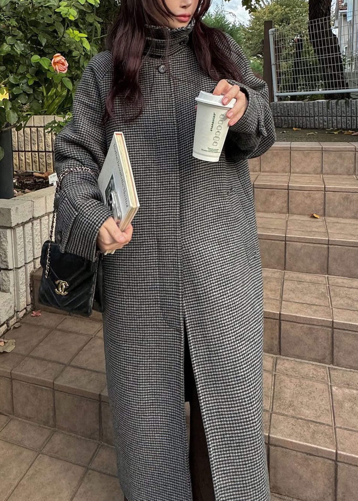 hound tooth soutien collar quilting coat / ハウンドトゥース ステンカラーコート (チャコール) / 25AW /